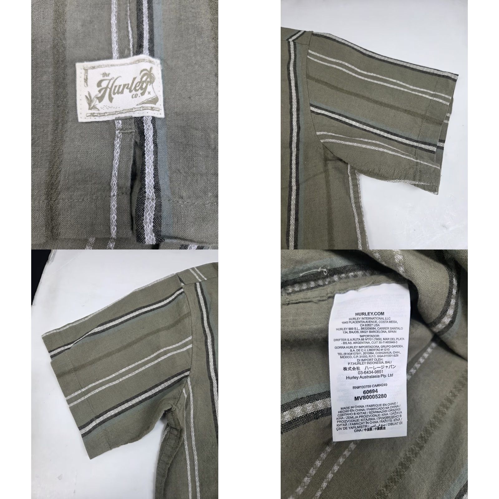 Hurley Hurley Mens Short Sleeve Button Up Green Striped Cotton/Linen Shirt M Size US M / EU 48-50 / 2 - 8 Thumbnail
