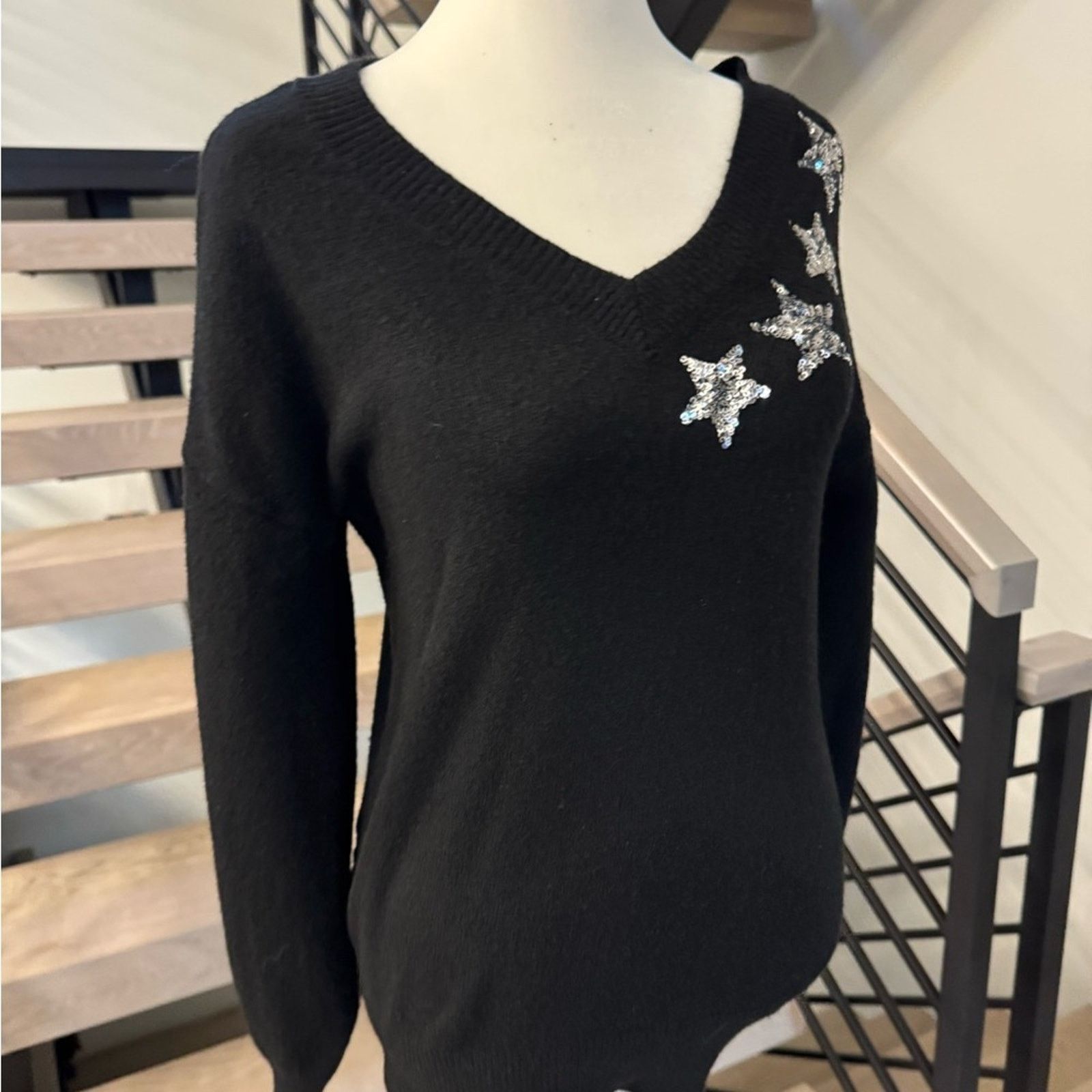 Loft LOFT Black V-Neck Sweater with Star Accents size S Size S / US 4 / IT 40 - 3 Thumbnail