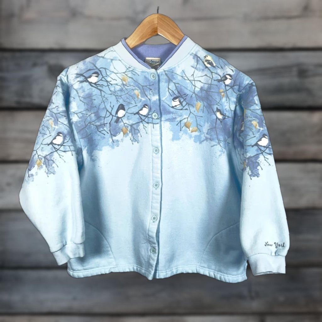 Vintage VINTAGE Artisans Sweatshirt Cardigan Women Large Blue AOP 90s Birds Nature Trees Graphic Print Free Shipping on 2nd Item Size L / US 10 / IT 46 - 1 Thumbnail