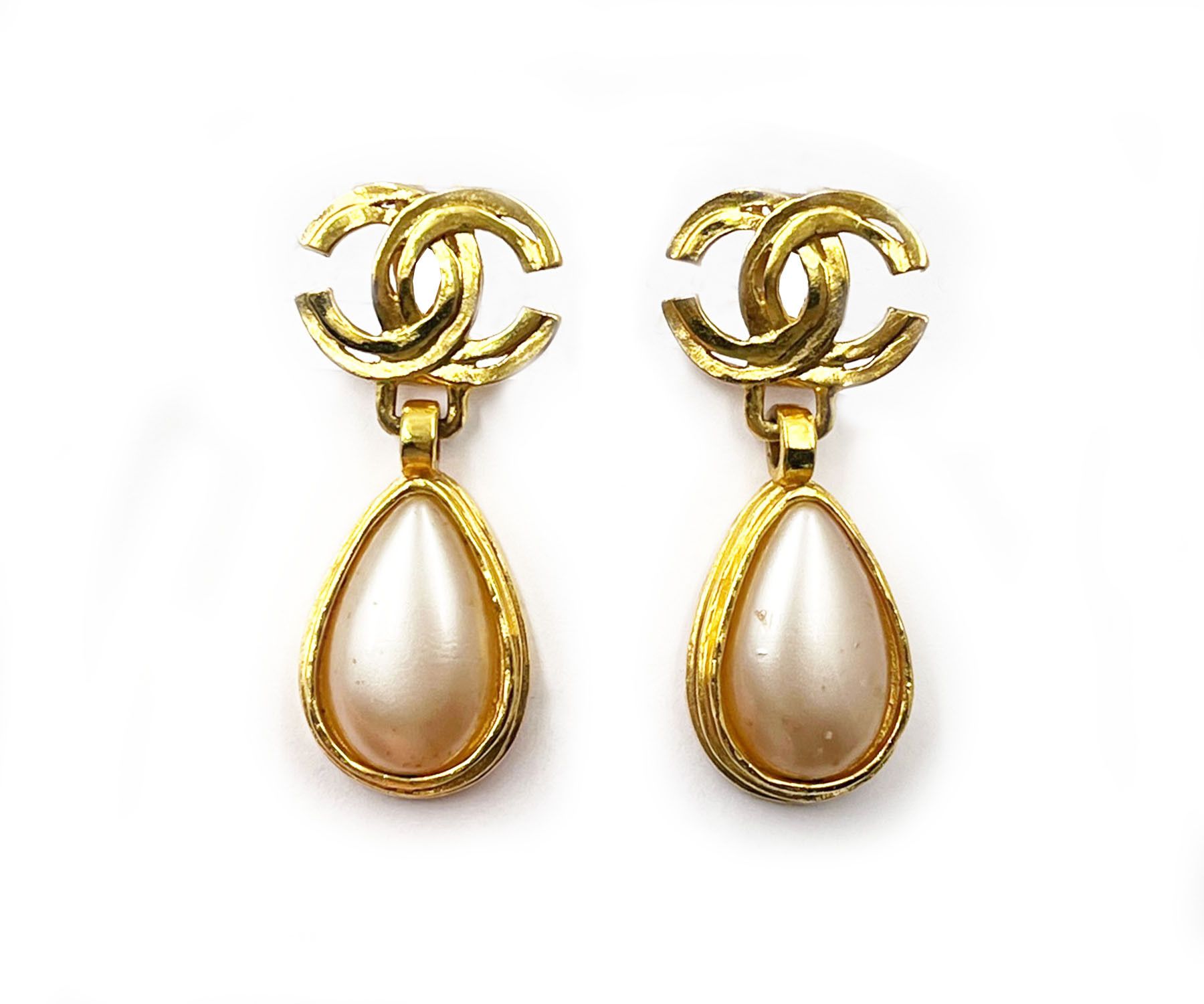 image of Chanel Gold Plated Cc Pearl Tear Drop Dangle Earrings, Women's