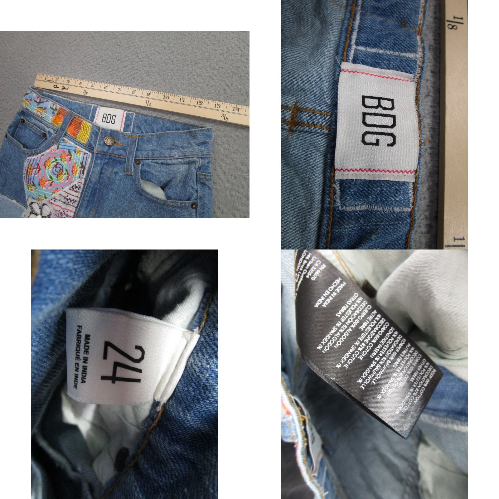 Bdg VINTAGE Patchwork Jeans Womens 24 Light Wash Boho Embroidered Hippie y2k Festival BDG Jeans Flared 5-Pocket Womens Jeans Size 42" / US 20 - 9 Thumbnail
