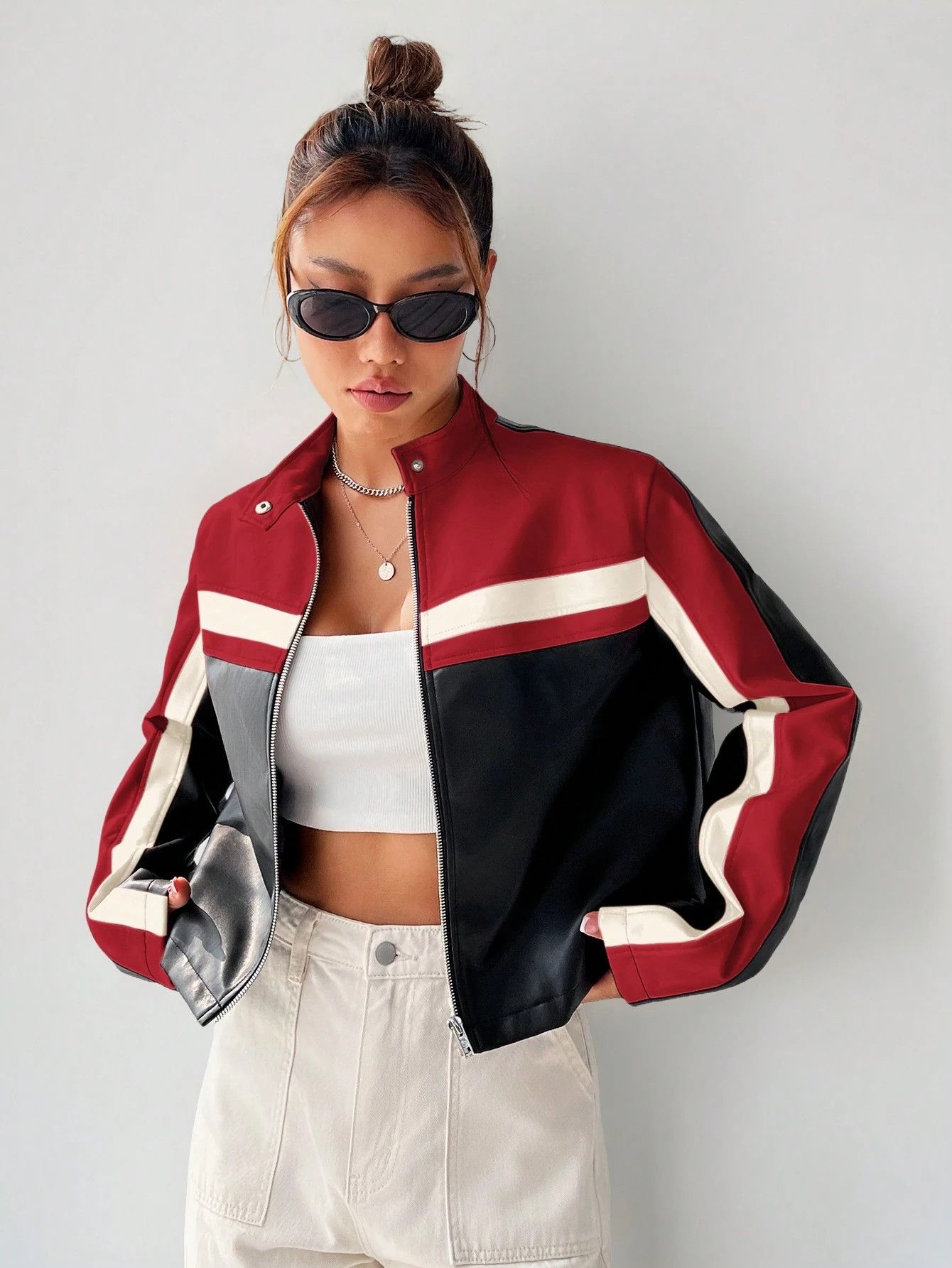 Other Women’s Cropped Biker Jacket | Red & Black Racing Style Size S / US 4 / IT 40 - 1 Thumbnail