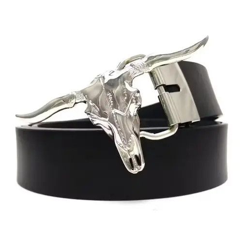image of Leather x Unbrnd Silver Longhorn Cow Head Skull Belt in Black, Men's