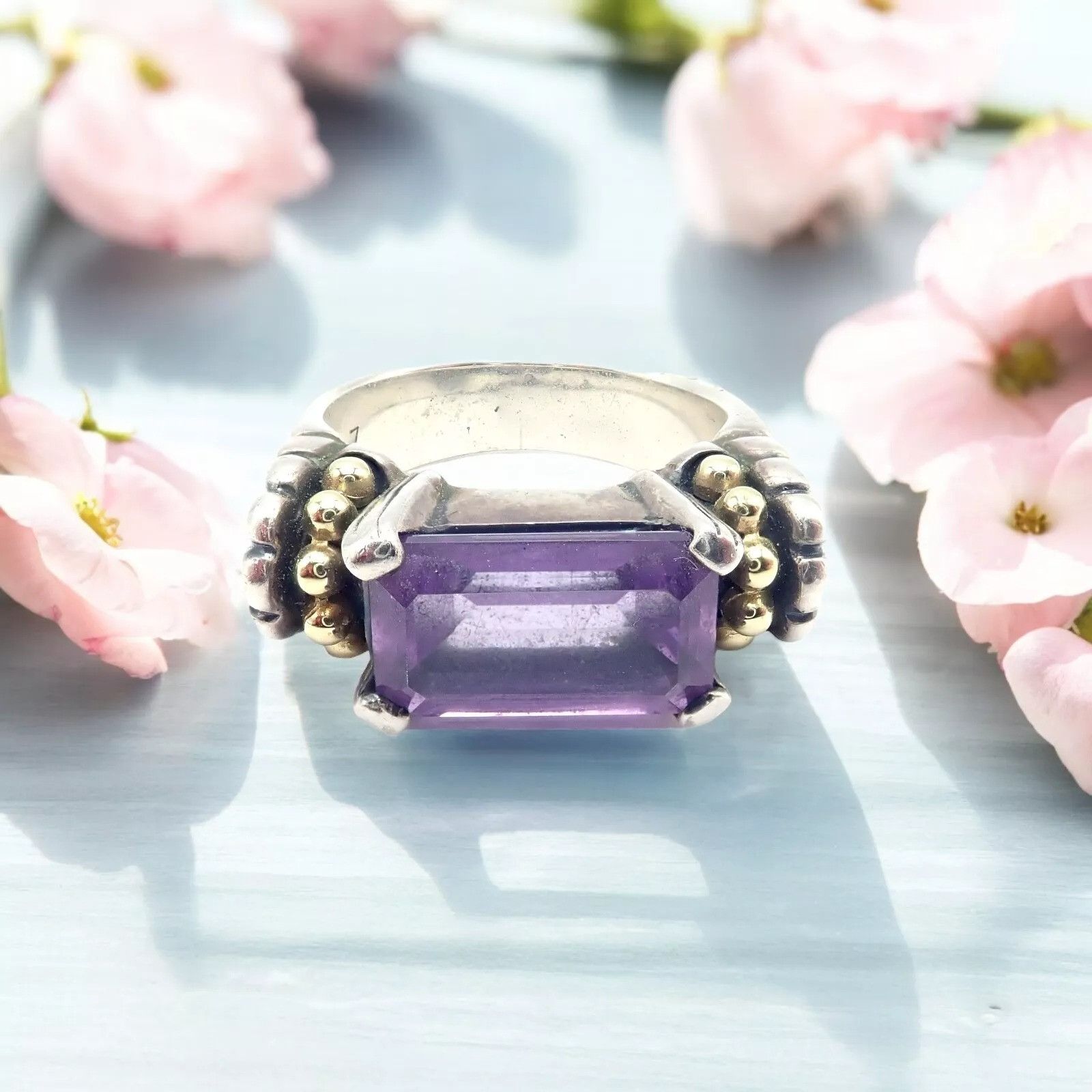 Vintage Lagos Caviar Silver + 18k Yellow Gold Amethyst Ring Size ONE SIZE - 2 Thumbnail