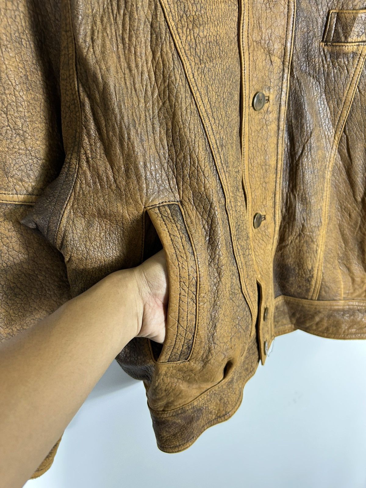 Leather ⚡️Vintage Button Zipper Distressed Leather Bomber Jacket Size US L / EU 52-54 / 3 - 6 Thumbnail