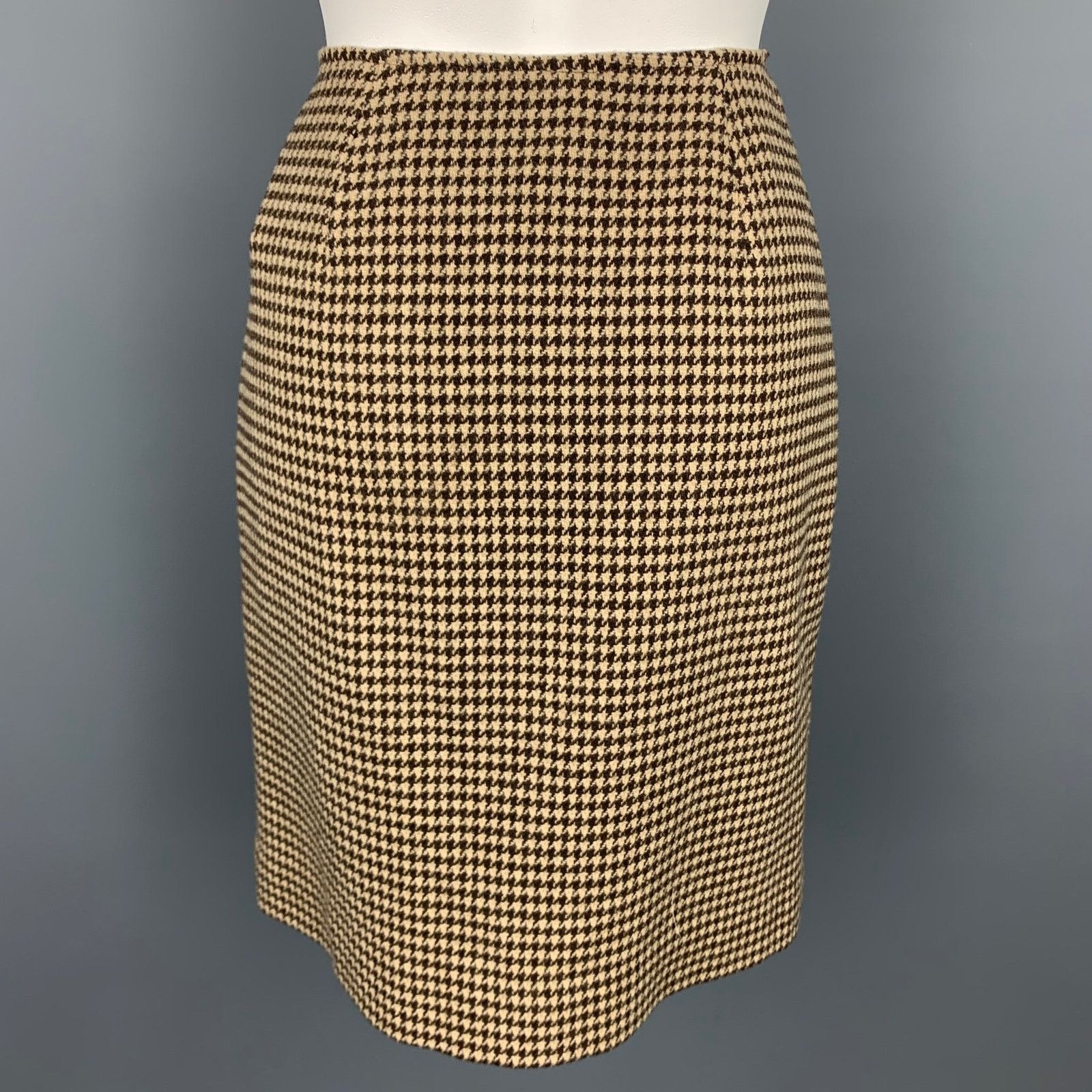 Ralph Lauren 8 Brown & Beige Houndstooth Wool Pencil Skirt Size 30" / US 8 / IT 44 - 3 Thumbnail