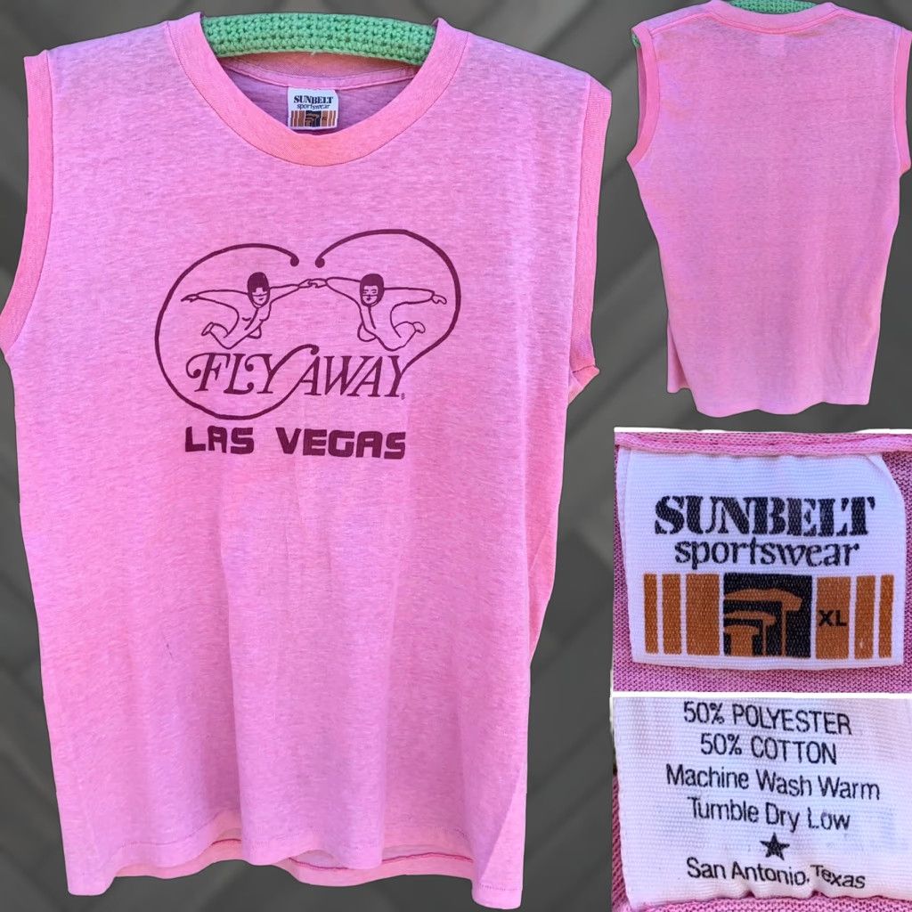 Vintage vintage Sunbelt Fly Away Las Vegas muscle tee pink sleeveless t shirt 80s 1980s XL Men graphic tee Size US XL / EU 56 / 4 - 1 Thumbnail