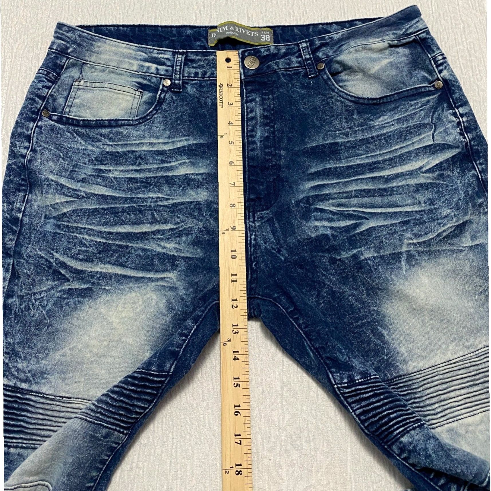 Denime DENIM & RIVETS Premium Moto Jeans Men's 38 Acid Wash Stretch Whiskers Blue Distressed Pockets Zipper Studded Quilted Size US 38 / EU 54 - 7 Thumbnail