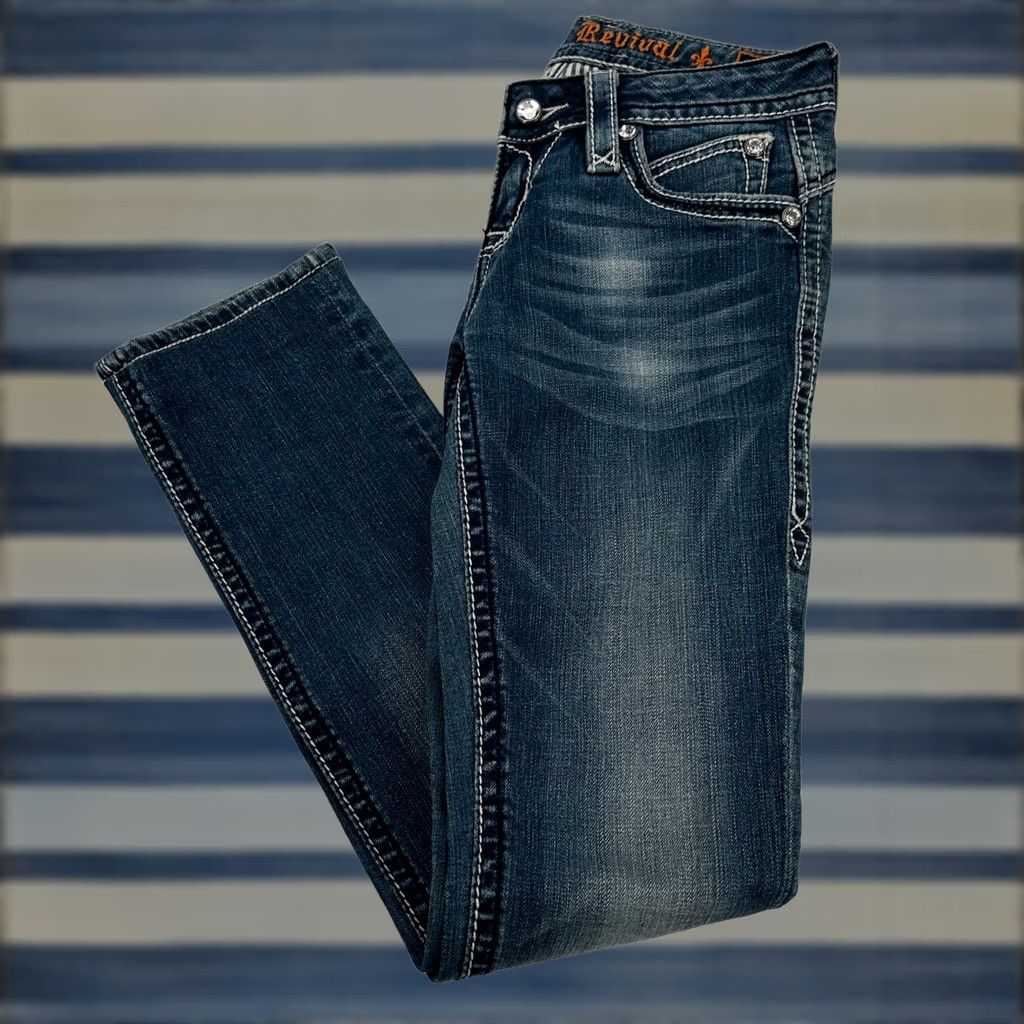 Vintage Rock Revival Jasmine Easy Straight Jeans Size 24 Medium Wash Buckle Bling Y2K Womens jeans Size 42" / US 20 - 1 Thumbnail