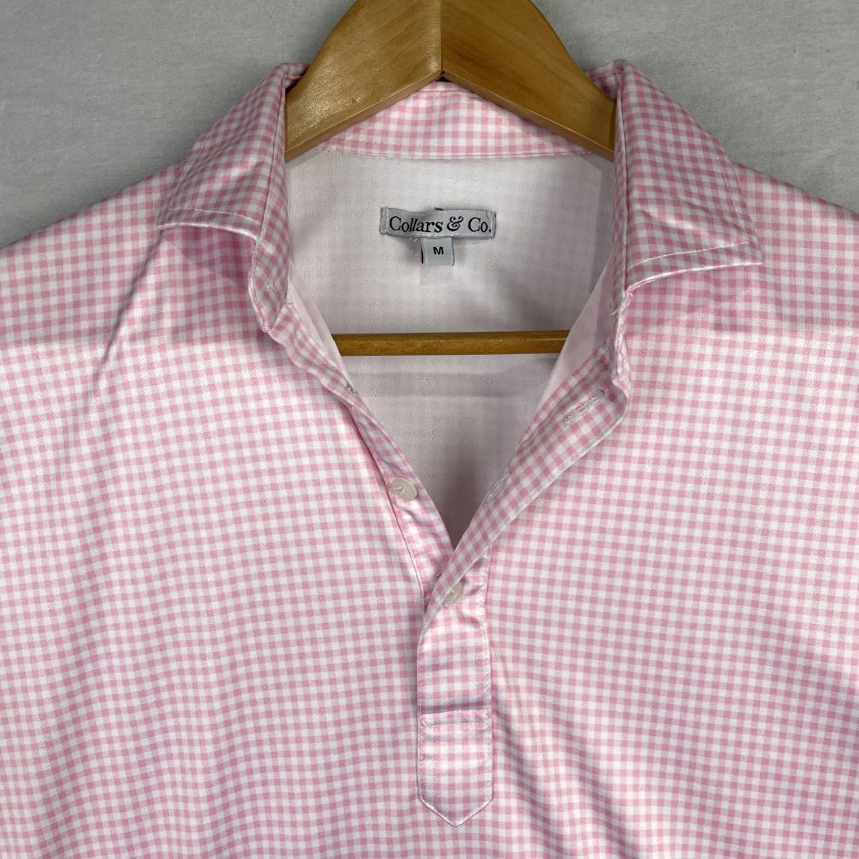 CO Collars & Co Polo Shirt Mens Medium Pink Gingham Check Dress Collar Button Up Shirt Size 40R - 3 Thumbnail