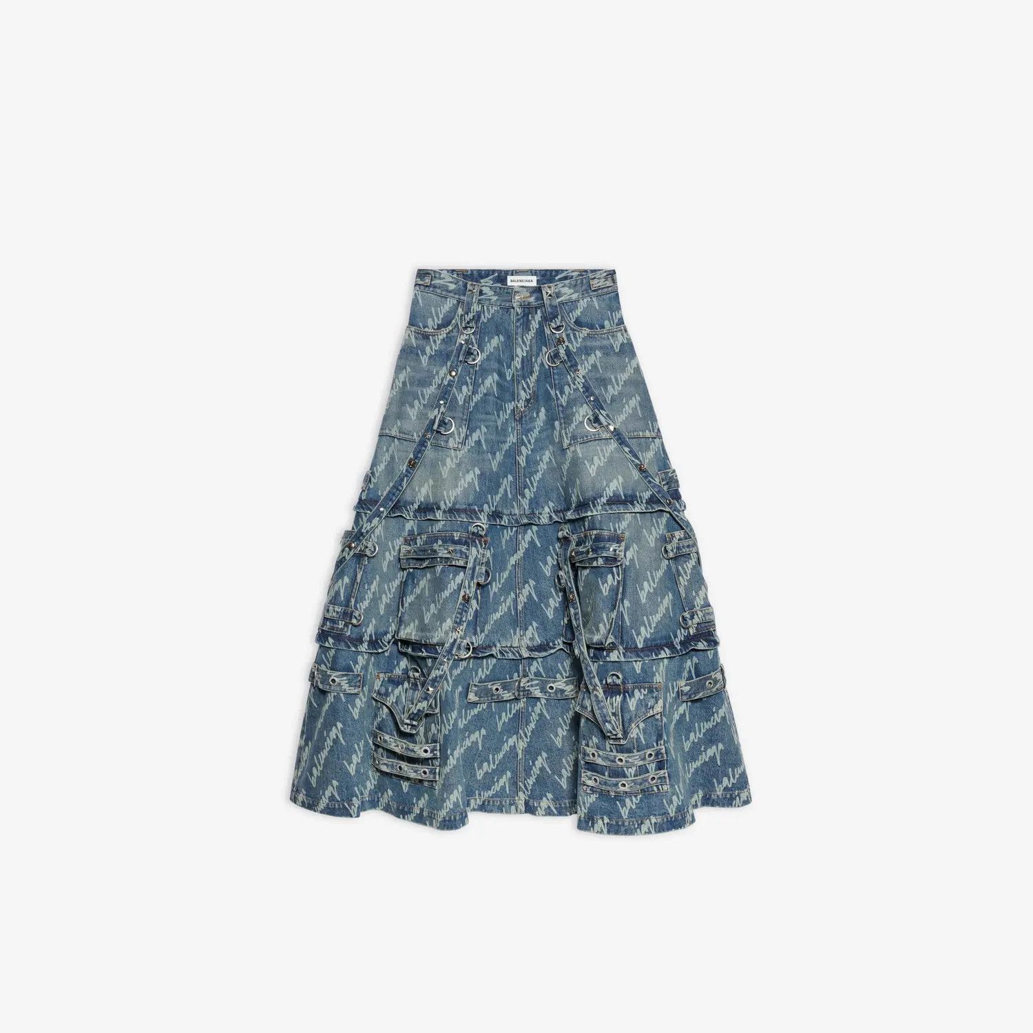 Balenciaga o1in1g0425 Allover Logo Maxi Raver Skirt in Blue Size 25" / US 0 / IT 36 - 1 Thumbnail