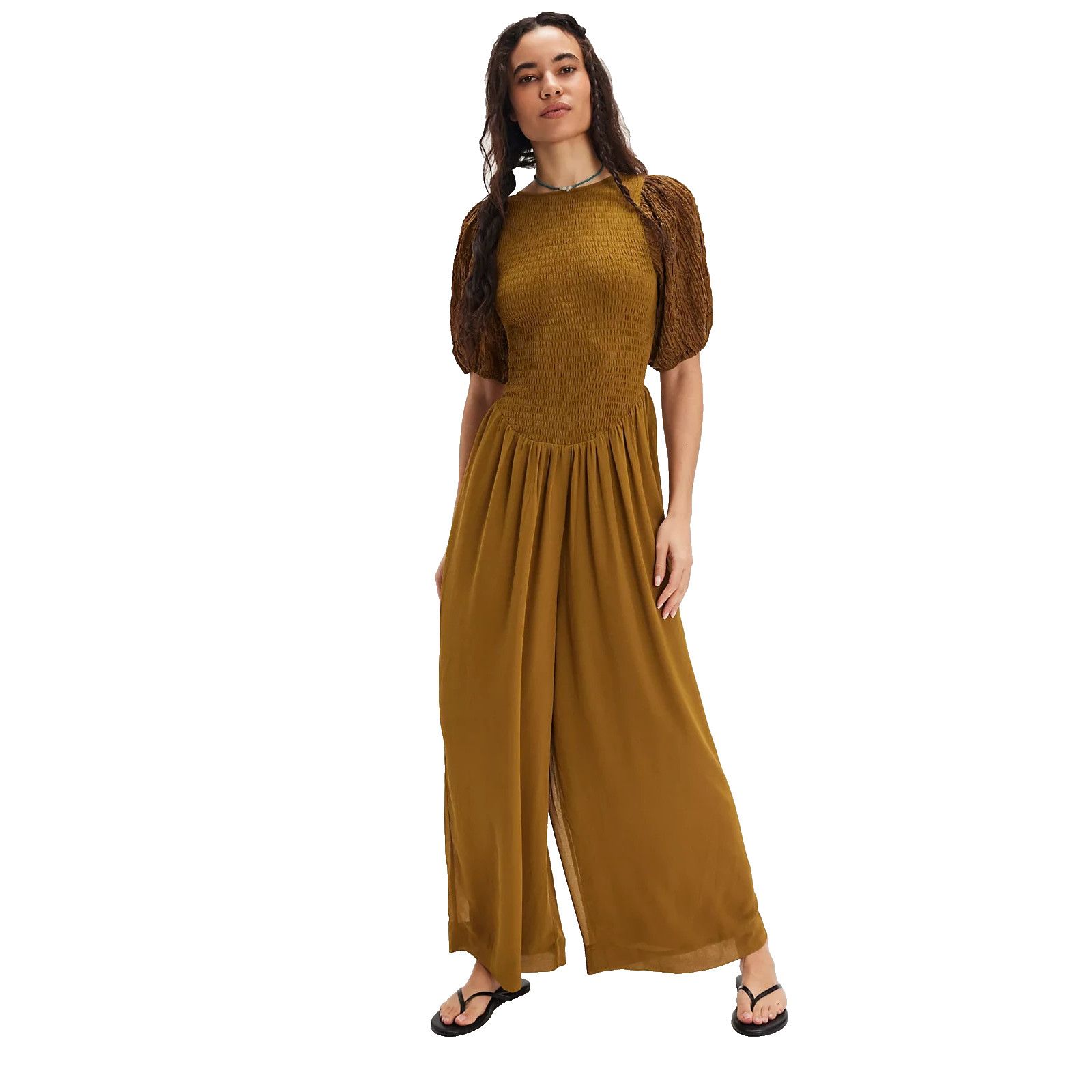 Free People Free People Smocked Wide Leg Jumpsuit Green Puff Sleeve Size 24" / US 00 / IT 34 - 1 Thumbnail