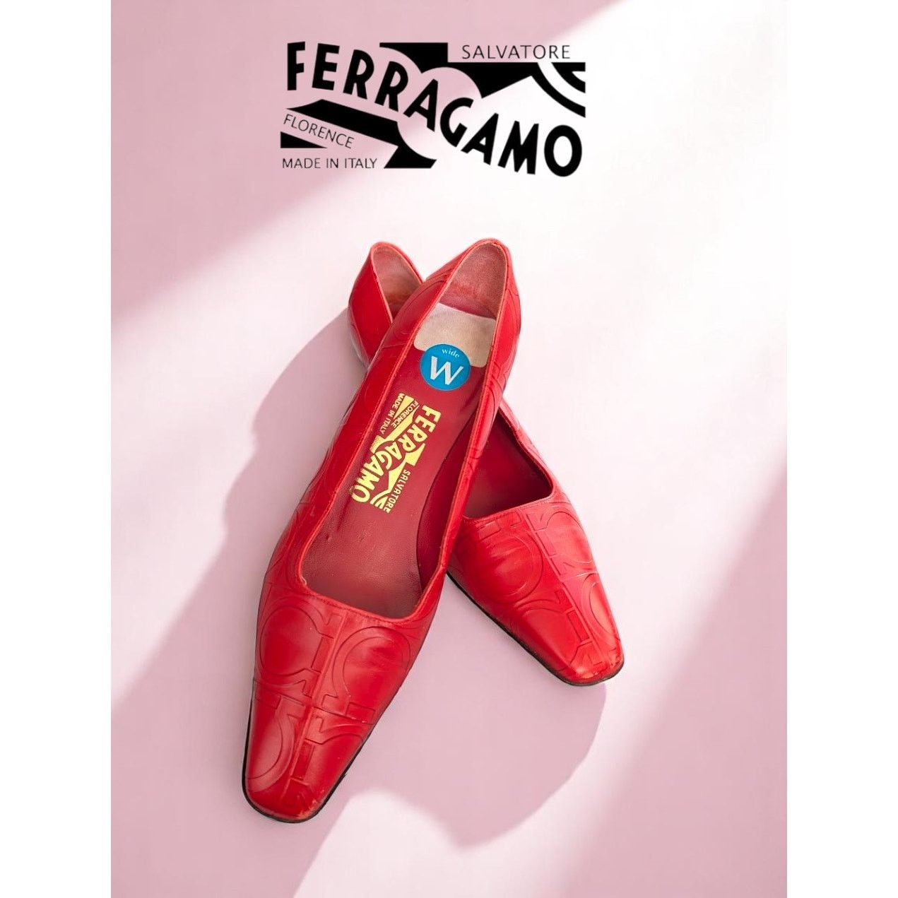 Salvatore Ferragamo Salvatore Ferragamo Red Leather Embossed Heels Size 7W EUC Size US 7 / IT 37 - 1 Thumbnail