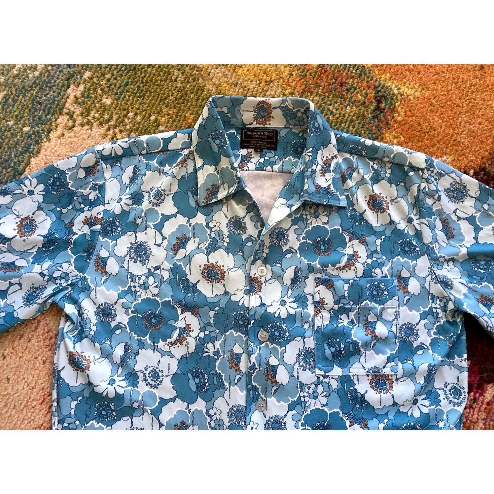 JCPenney VINTAGE JC Penneys Shirt Mens Large Hawaii Floral Blue Button Up Short Sleeve Casual 60s 70s 80s USA Size US L / EU 52-54 / 3 - 4 Thumbnail
