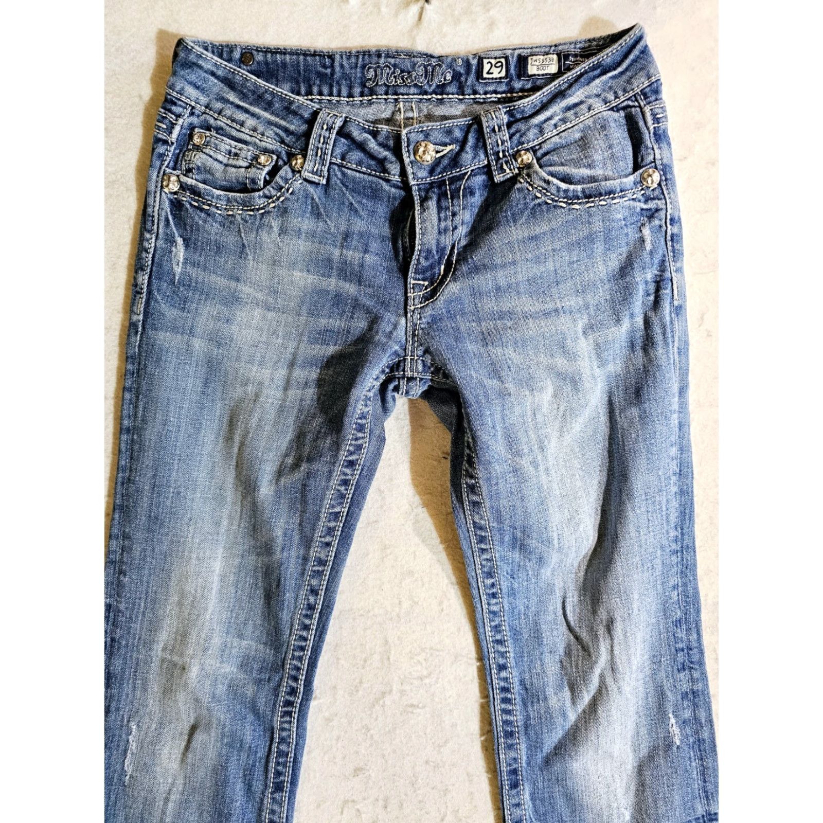 Miss Me Miss Me Signature Boot Cut Jeans Stretch 29x32 Denim Blue Women's Jeans JW5353B Flap Pockets Thick Stitch Size 29" - 4 Thumbnail