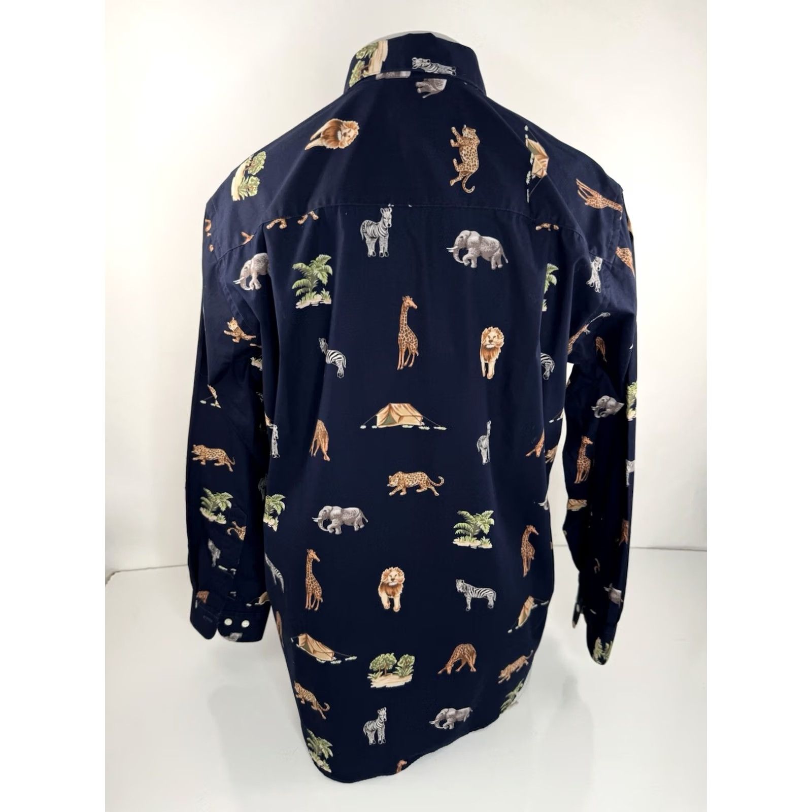 Vintage MAUS & HOFFMAN Safari Jungle Tent Lion Elephant Zebra Giraffe L Shirt EXC - Button-Up, Long Sleeve, Blue, Size L, Men, Zebra Theme Size US L / EU 52-54 / 3 - 4 Thumbnail