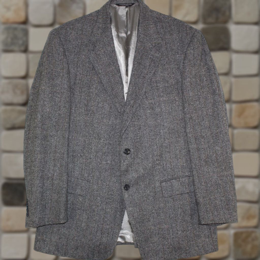 VINTAGE Evan Picone Blazer Men's 42 L Lambswool Tweed Jacket Herringbone Gray Shirt?