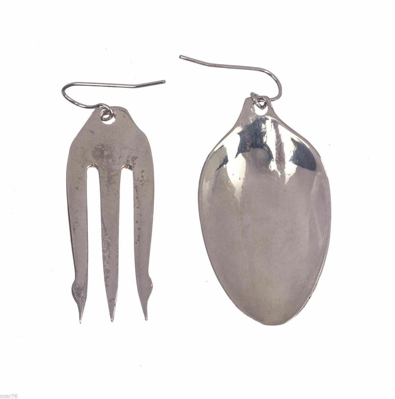 Handmade Sterling Plated Brass Olive Fork & Sugar Spoon Earrings Size ONE SIZE - 1 Thumbnail