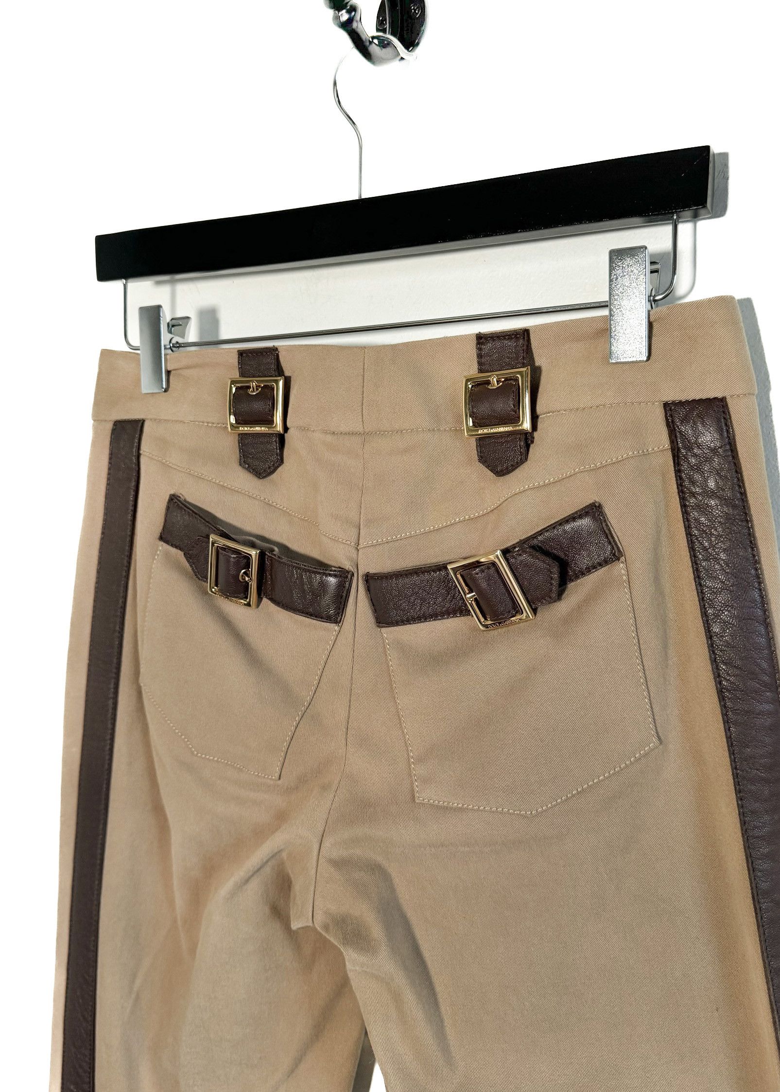 Dolce & Gabbana Dolce & Gabbana Beige Twill Trouser with Brown Leather Trims Size 28" / US 6 / IT 42 - 3 Thumbnail