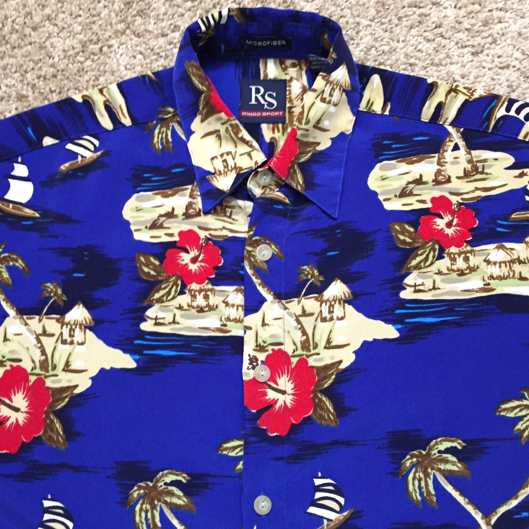 Vintage Ringo Sport Shirt Mens Small Blue Hawaiian Floral Microfiber Short Sleeve Button Up Size US S / EU 44-46 / 1 - 3 Thumbnail