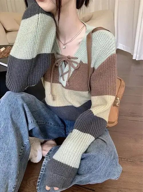 Japanese Brand × Vintage Deeptown Vintage Striped Cropped Sweater Women Size ONE SIZE - 4 Thumbnail