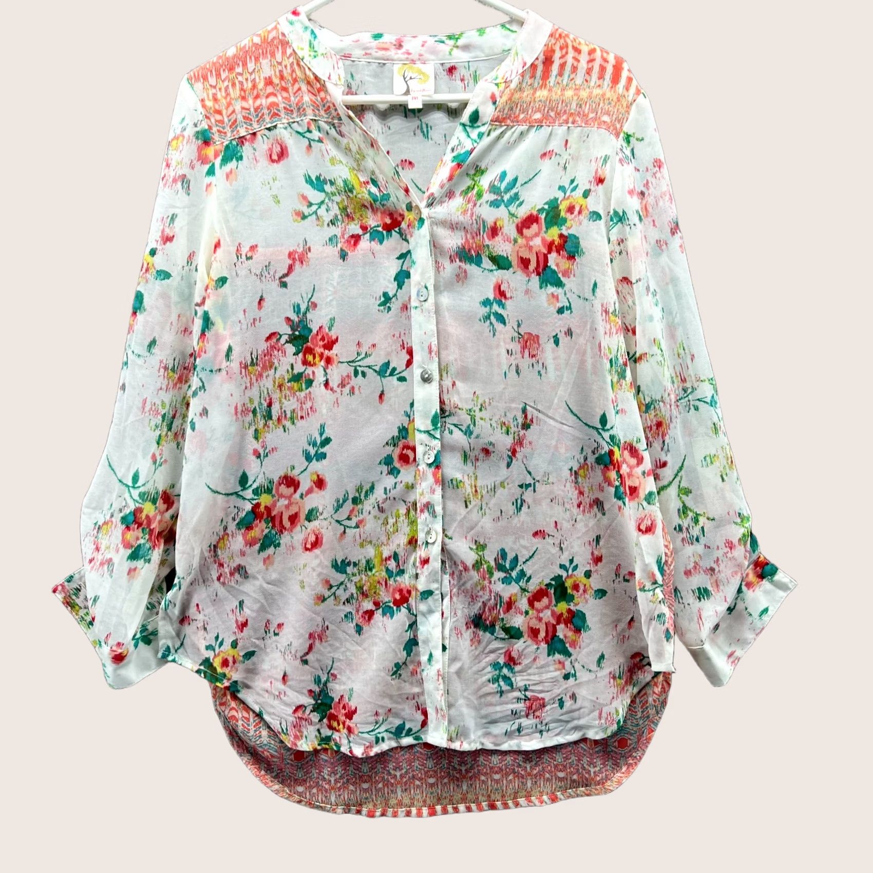 Sunflower FLOWER Blouse Shirt Women M Multicolor Floral 3/4 Sleeve Sheer Button Front Casual Summer Spring Fall Size M / US 6-8 / IT 42-44 - 1 Thumbnail