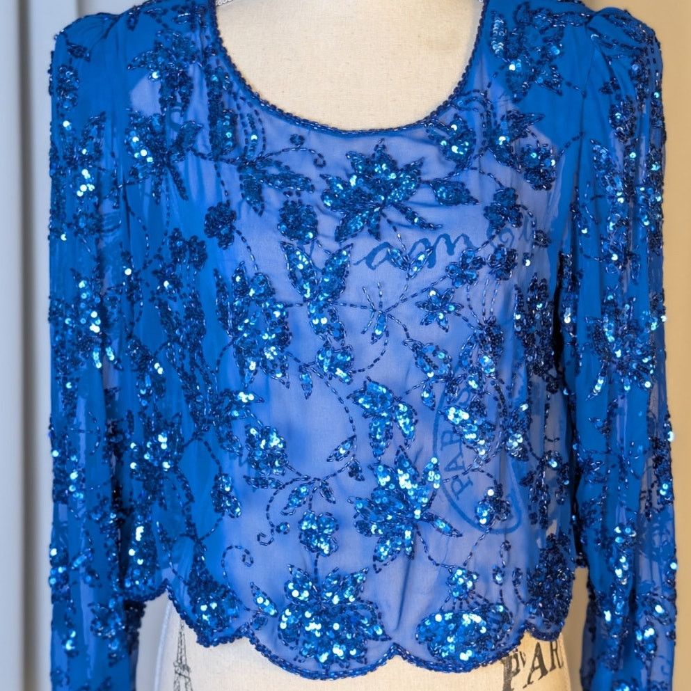 Vintage Vintage 80s Blue Sequin Beaded Silk Sheer Crop Top Floral Size S / US 4 / IT 40 - 11 Thumbnail