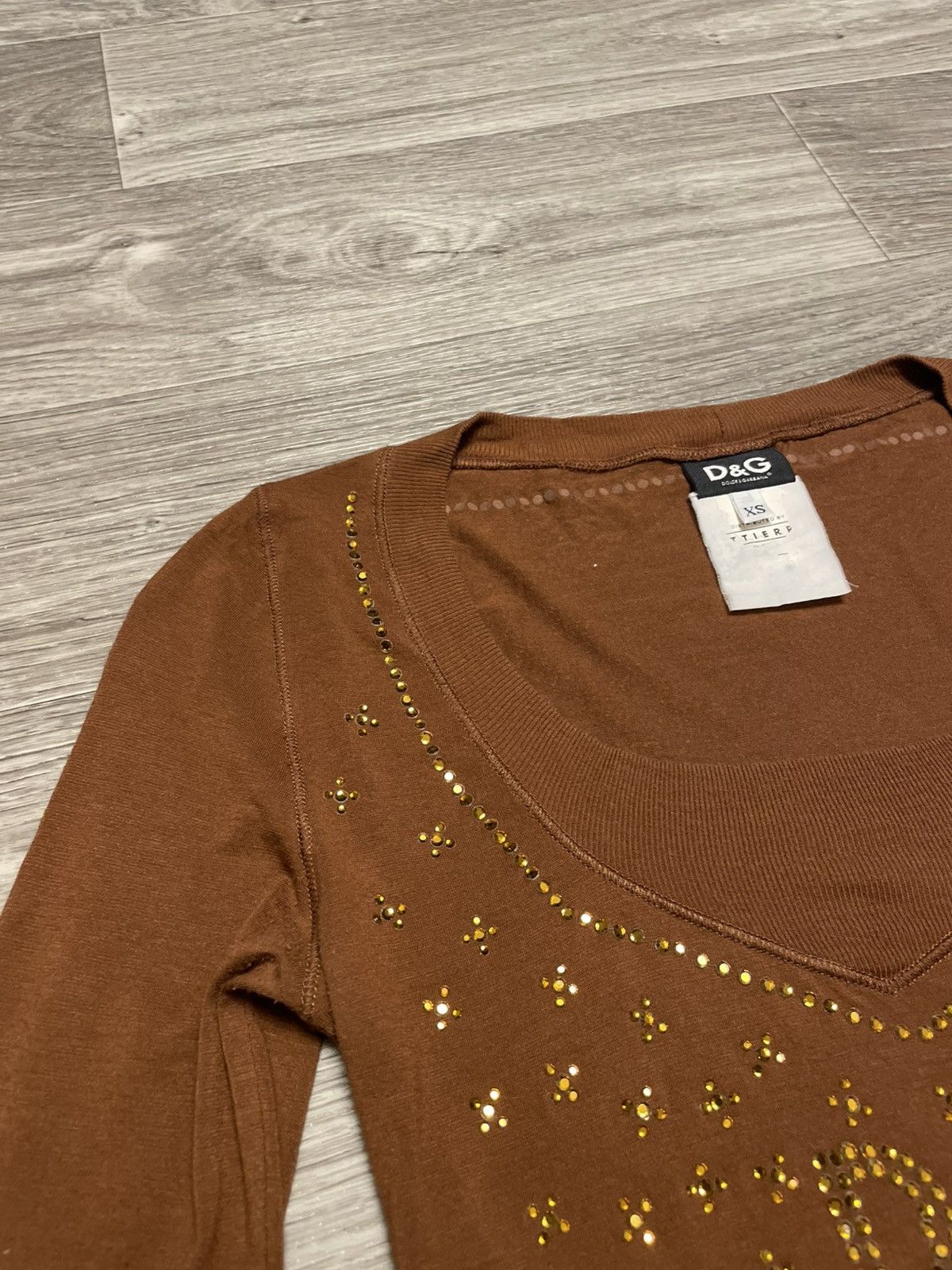 Dolce & Gabbana Y2K DG Dolce Gabbana Brown Rhinestone Logo Long Sleeve Top Size XS / US 0-2 / IT 36-38 - 14 Thumbnail