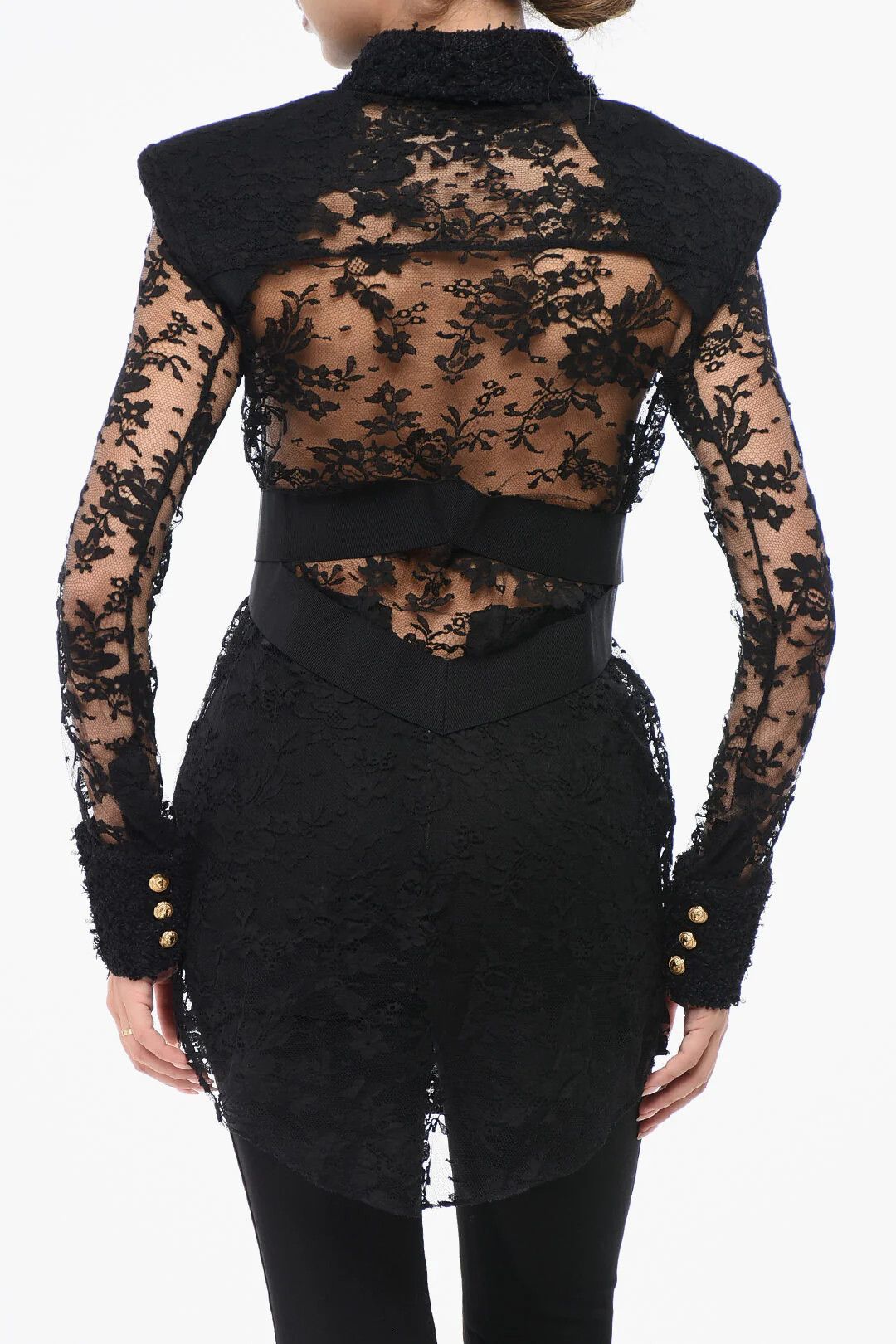 Balmain og1mm0326 Padded Shoulder Straps Lace Blouse in Black Size M / US 6-8 / IT 42-44 - 2 Thumbnail