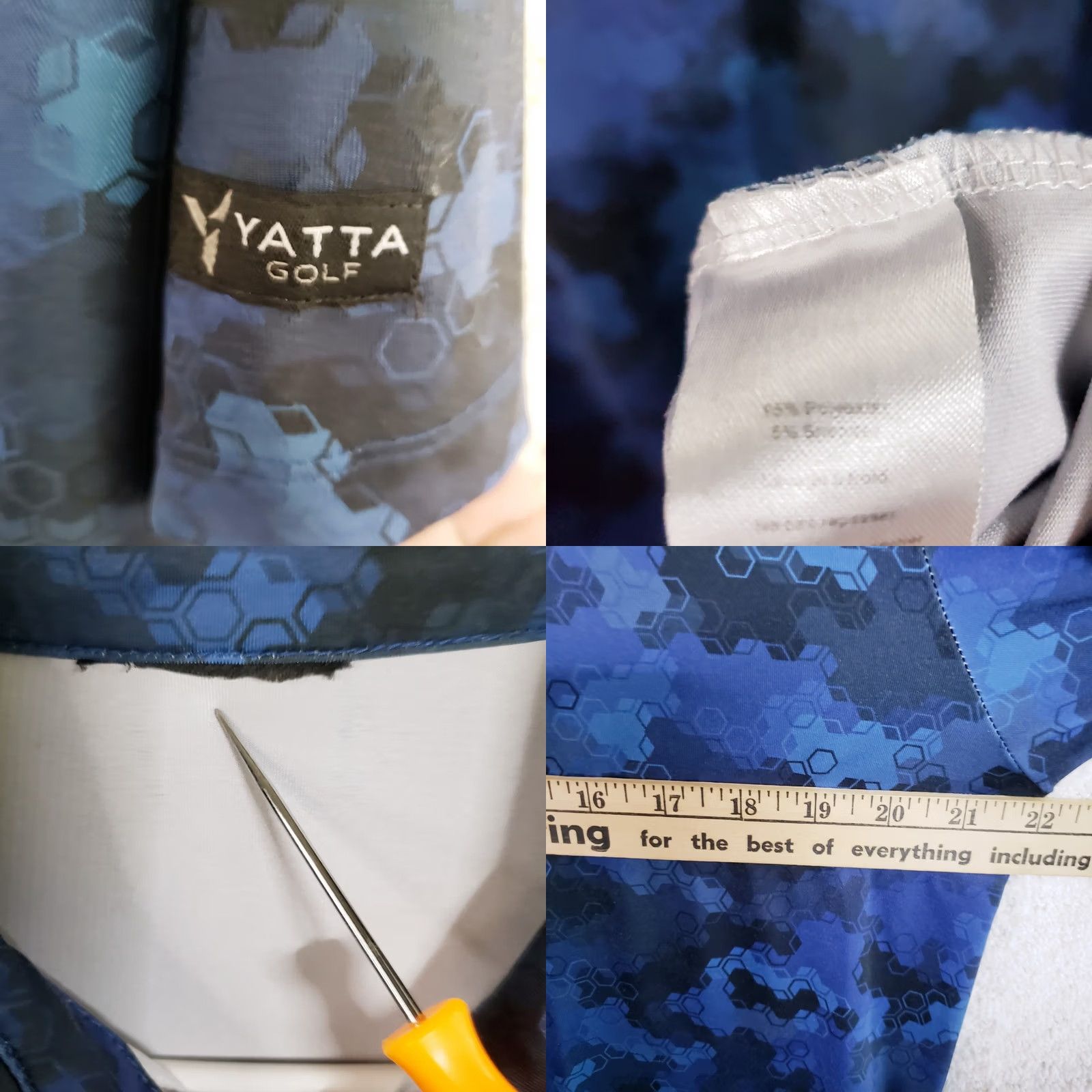 Vintage YATTA Men's M Blue Digital Camo Golf Polo Shirt Stretch Wicking UPF 40 Size US M / EU 48-50 / 2 - 9 Thumbnail