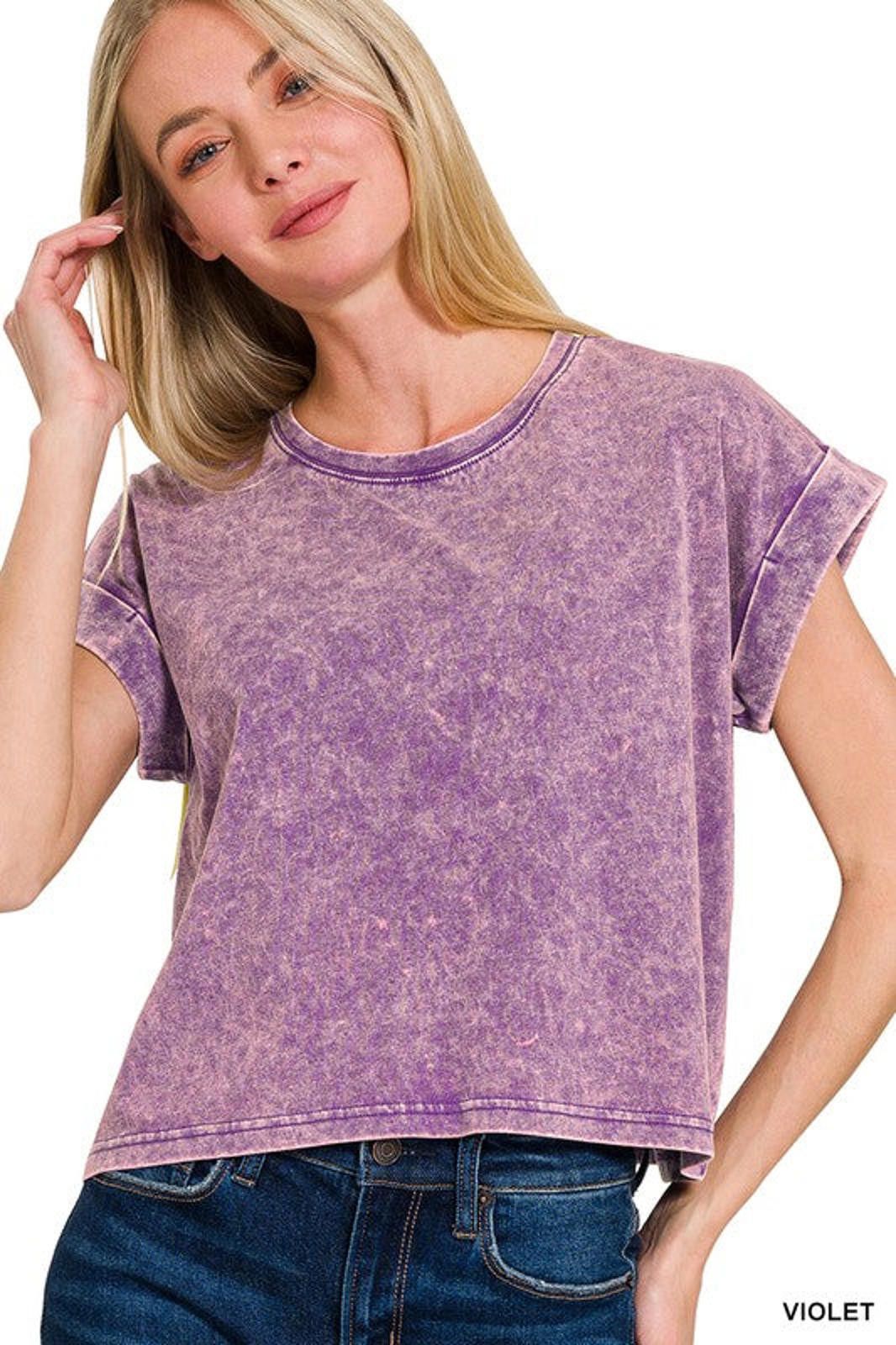 Other Acid Wash Cotton Folded Sleeve Top Zenana (B Lavender) Size S / US 4 / IT 40 - 4 Thumbnail