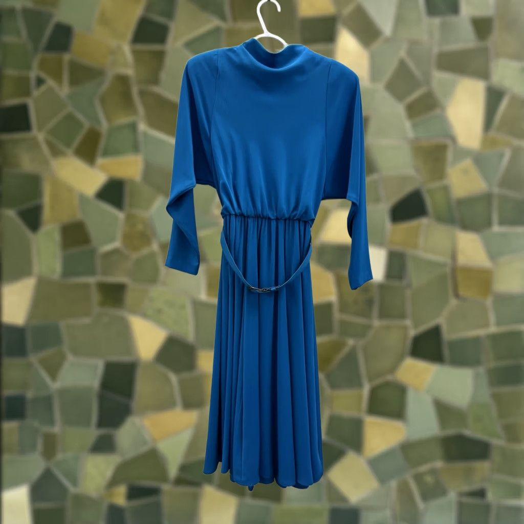 Vintage Willi of California Dress Blue VTG Belted Mock Neck Long Sleeve 6 Womens Vintage 80s 90s Spring Summer Fall Size M / US 6-8 / IT 42-44 - 1 Thumbnail