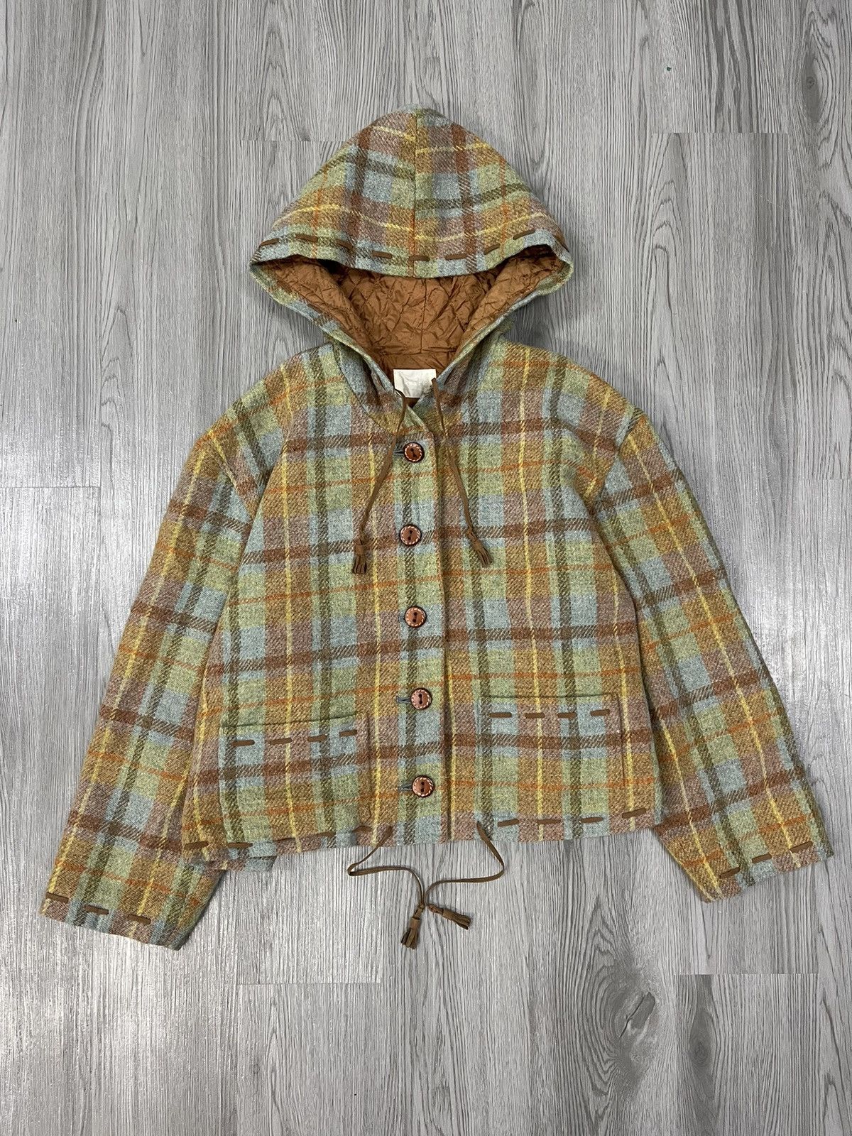 Japanese Brand × Vintage Vintage KETTY wool Plaid Leather Rope cropped Jacket Size M / US 6-8 / IT 42-44 - 2 Thumbnail
