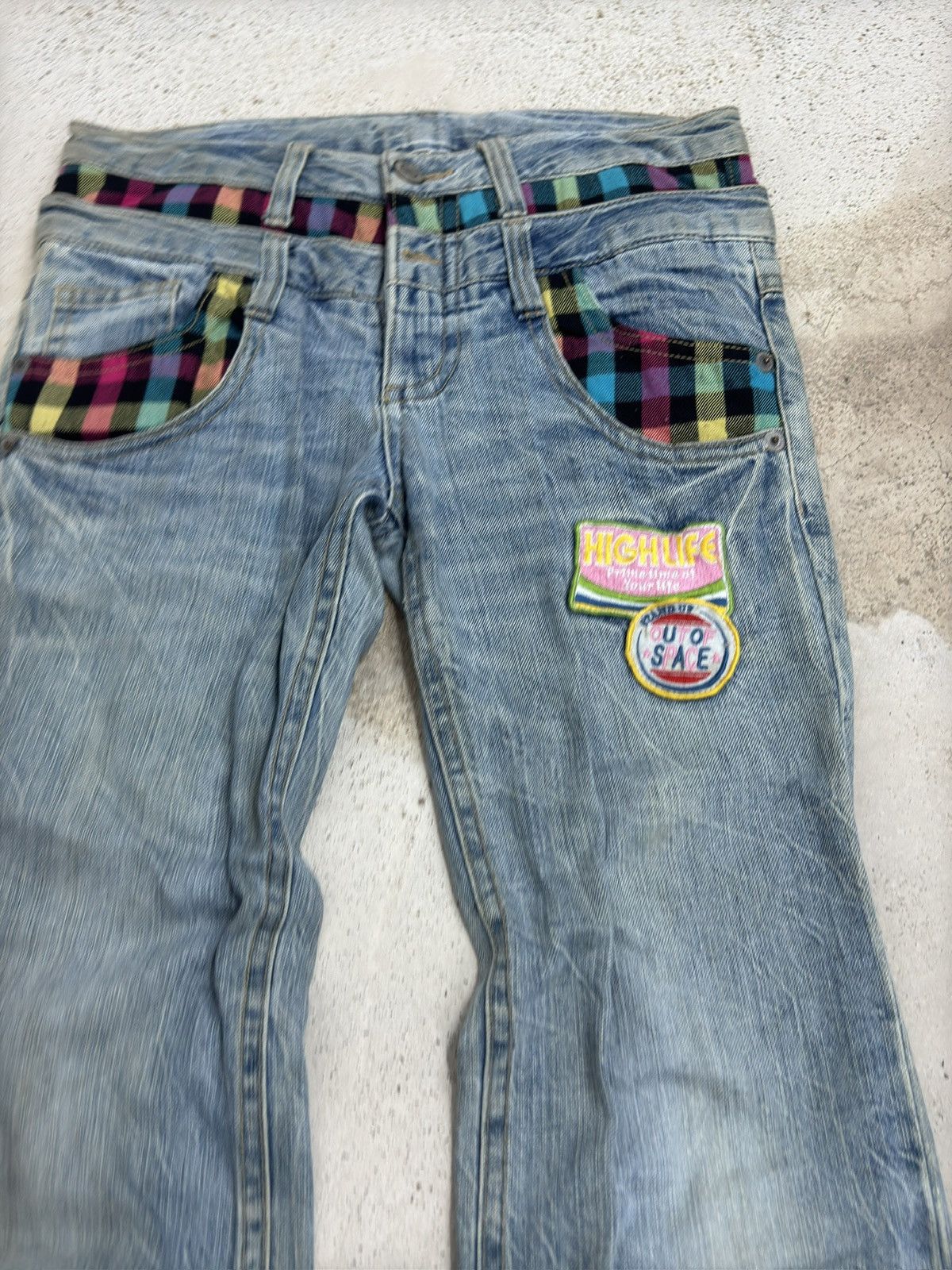 Hysteric Glamour Japanese Y2K Double Waist Plaid Patches Sun Faded Denim Size US 31 - 5 Thumbnail