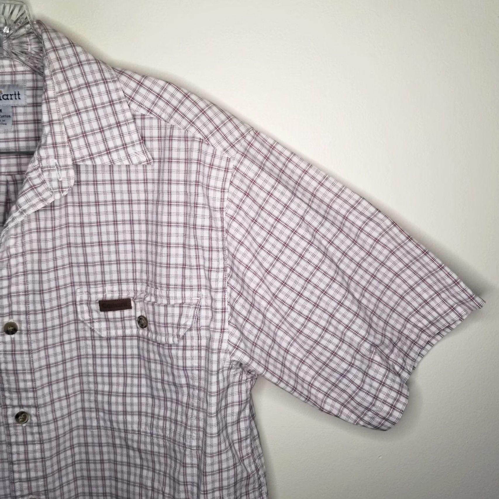Carhartt Carhartt Shirt Mens Plaid Short Sleeve Button-Up M Red Beige 90s Workwear Mens Size US 31 - 3 Thumbnail