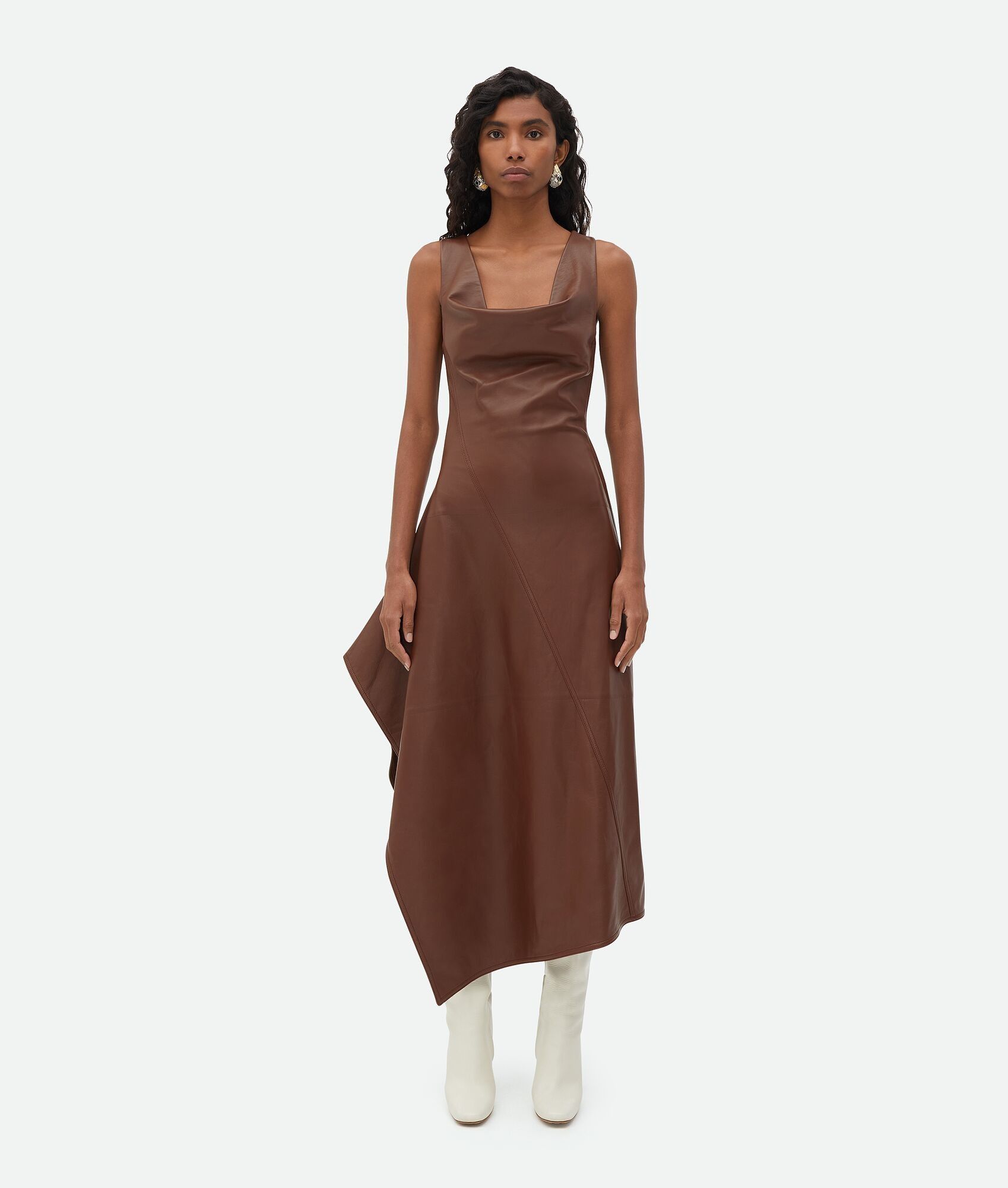 o1n1vont0325 Leather Asymmetric Midi Dress in Dark Cognac