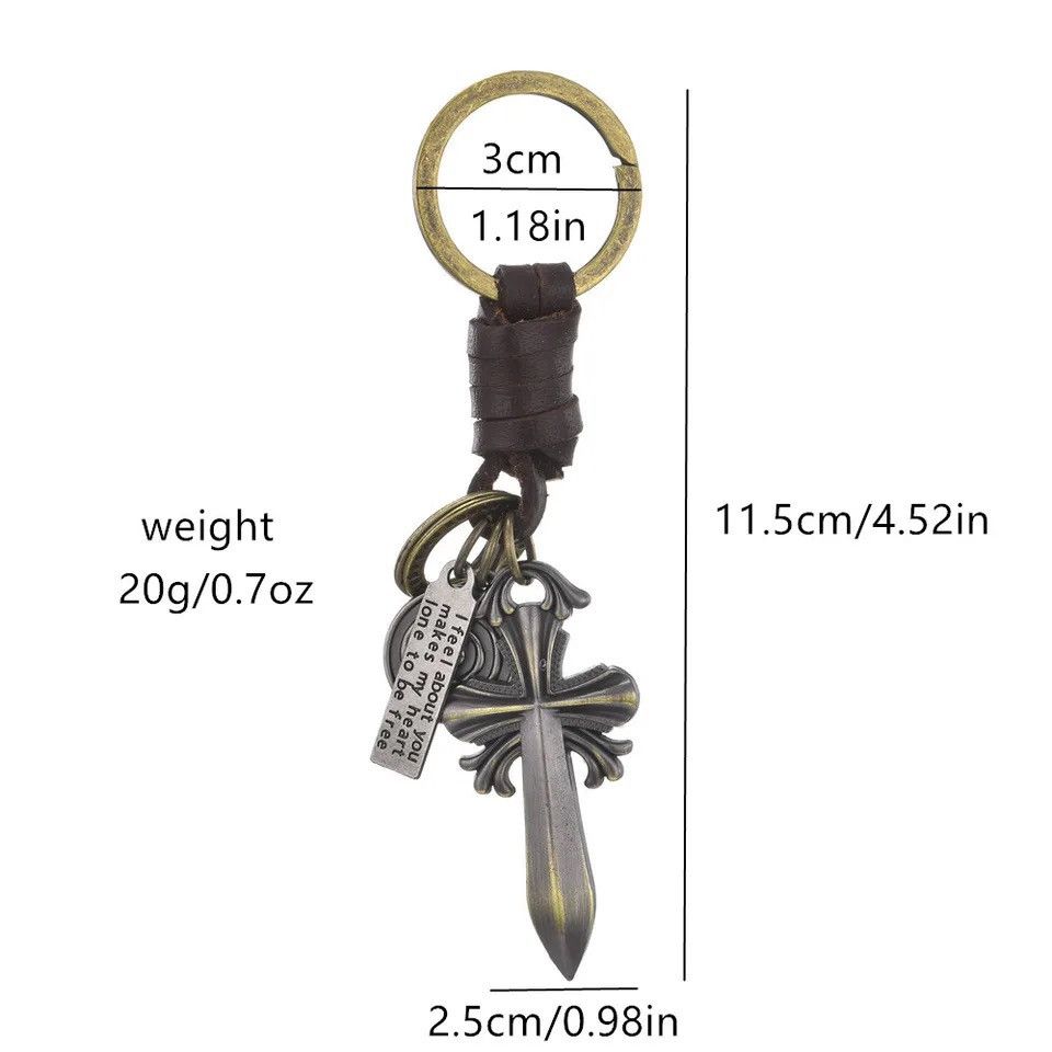 Vintage Vintage Woven Cowhide Keychain Pendant Bronze Cross Pendant Size ONE SIZE - 5 Thumbnail