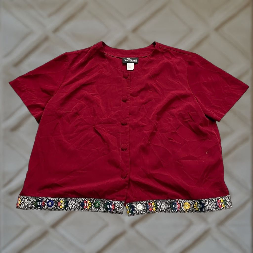 Vintage Positive Influence Button-Up Blouse Womens 18 Plus Red Floral Embroidered Shirt Casual Workwear Size XXL / US 16-18 / IT 52-54 - 1 Thumbnail