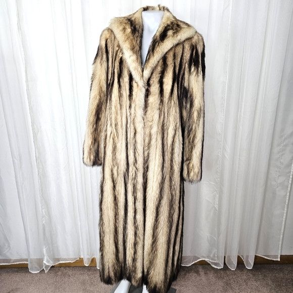 image of Non Signe Unsigned Authentic Real Fur Coat Full Length Cream Brown Stripe, Women's (Size Medium)