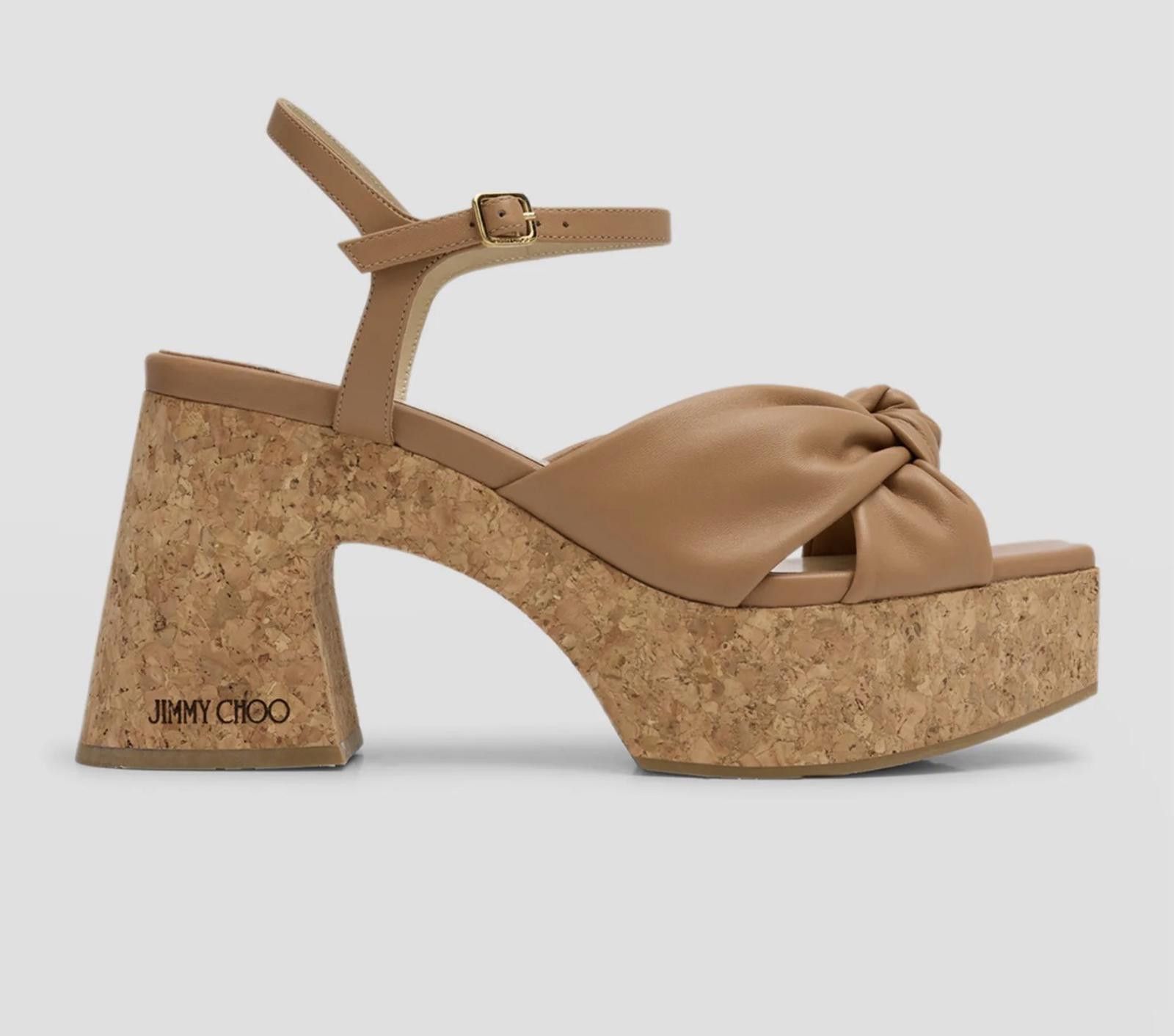 Jimmy Choo Jimmy Choo Beige Leather Platform Sandals with Cork Heel Size US 7 / IT 37 - 2 Thumbnail