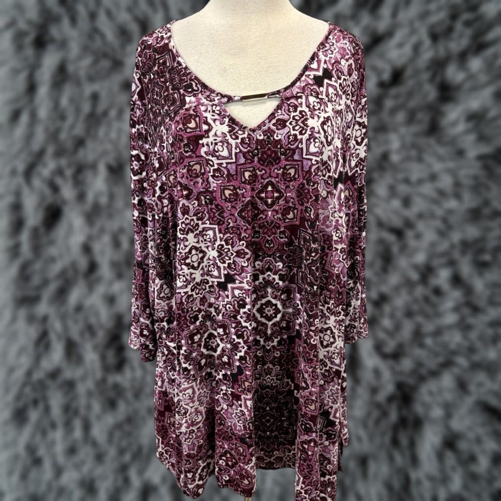 Vintage Catherine’s Swing Tunic Shirt 3X Plus Purple White Stretch Women Pullover Rayon Blend Womens Size XXL / US 16-18 / IT 52-54 - 1 Thumbnail