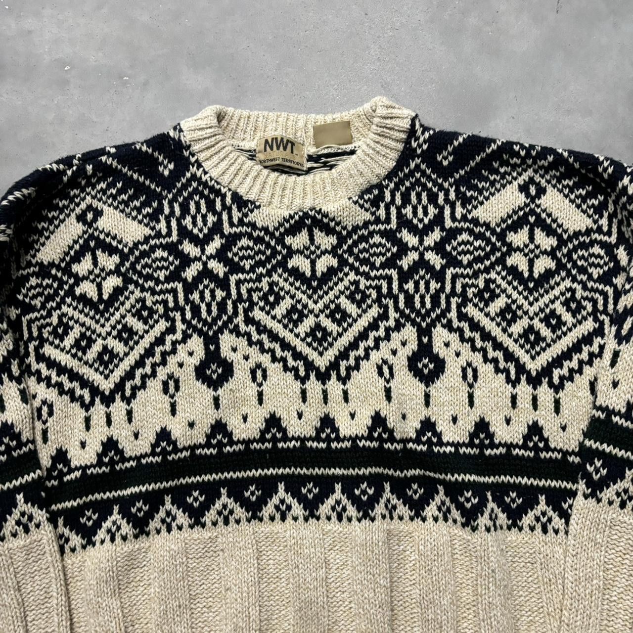 Japanese Brand × Vintage Crazy Vintage 90s Beige Pattern Knit Sweater! Size US XL / EU 56 / 4 - 2 Thumbnail