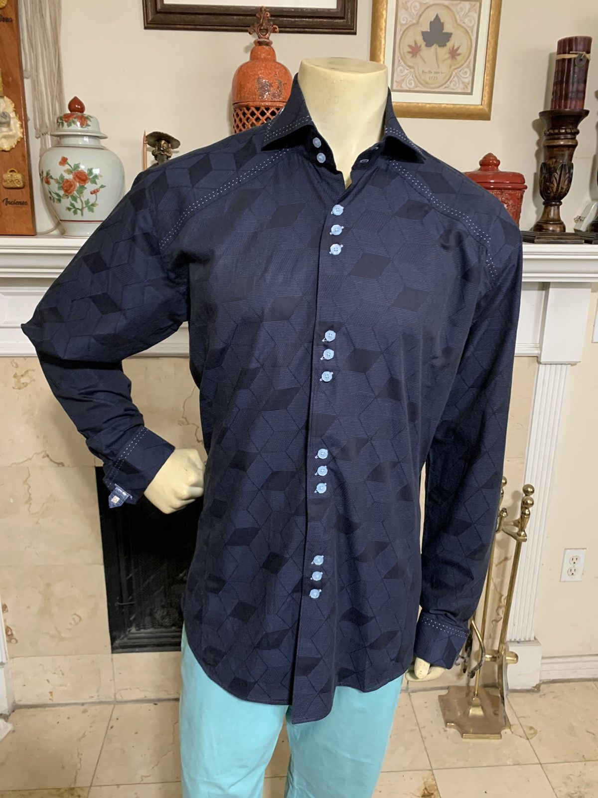 bogosse dress shirts Bogosse Button Up Dress Shirt Mens Size 7 Gray Black Pinstripes Flip Cuff