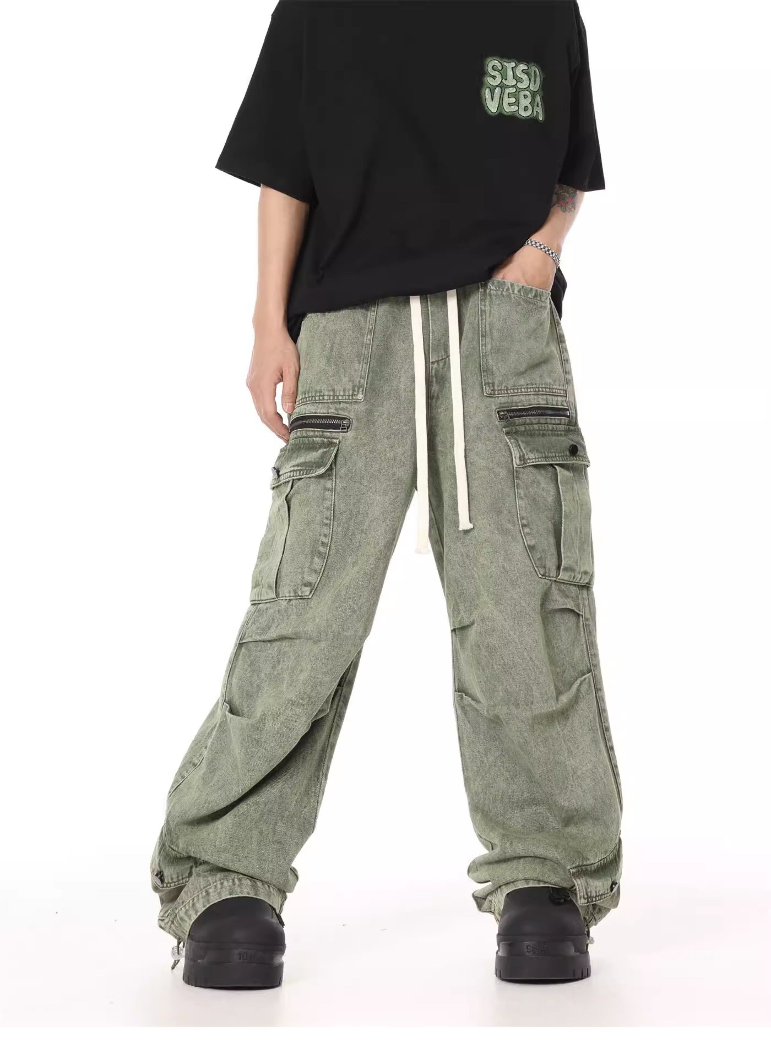 denim utility cargo baggy flared pants