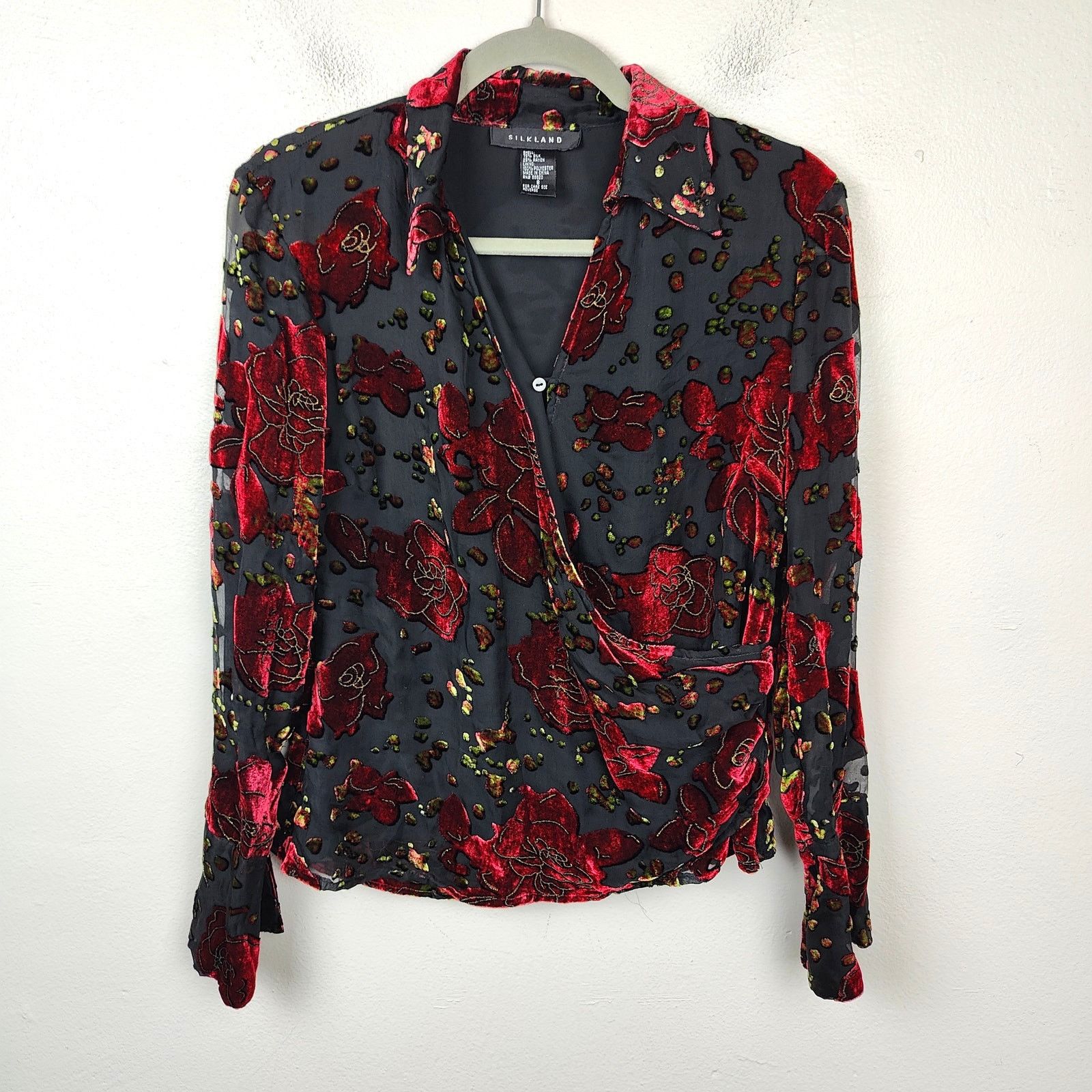 Other Vintage 90s Silkland Wrap Top Womens 8 Black Red Velvet Size M / US 6-8 / IT 42-44 - 1 Thumbnail