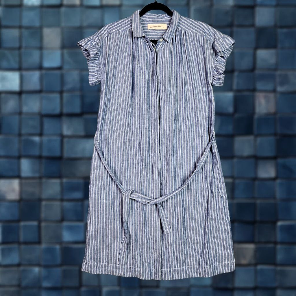 Vintage Isabella Sinclair Dress Womens S Blue Stripe Shirt Dress Belted Ruffle Sleeve Casual Size S / US 4 / IT 40 - 1 Thumbnail