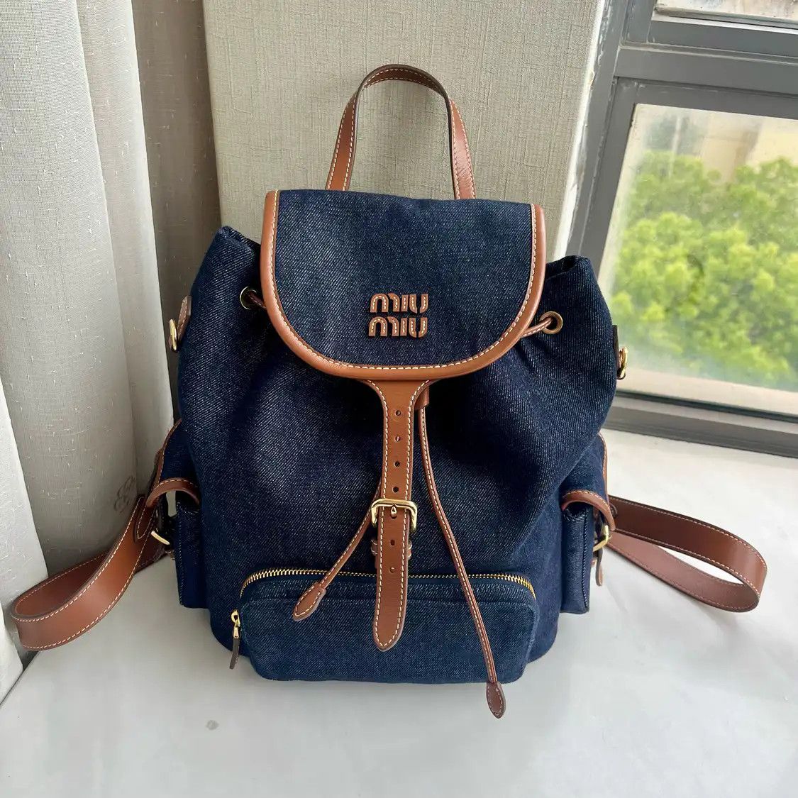 Miu Blue Denim Backpack, Women's