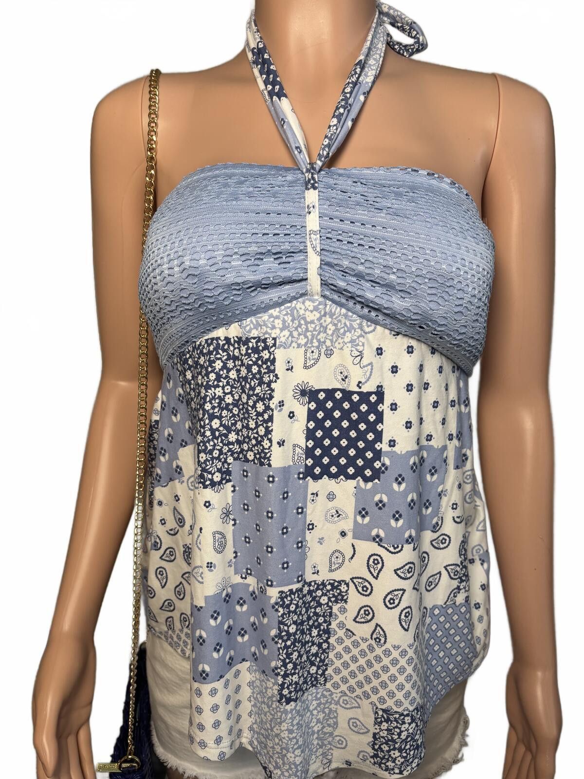 Other Boho Blue Patchwork Halter Top Flowy Summer Festival Medium Size M / US 6-8 / IT 42-44 - 3 Thumbnail