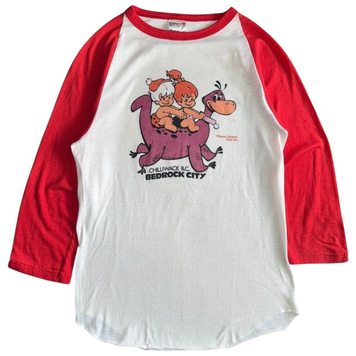 Vintage 1980s The Flintstones Bam-Bam Pebbles Dino Raglan Tee Size US XS / EU 42 / 0 - 1 Thumbnail