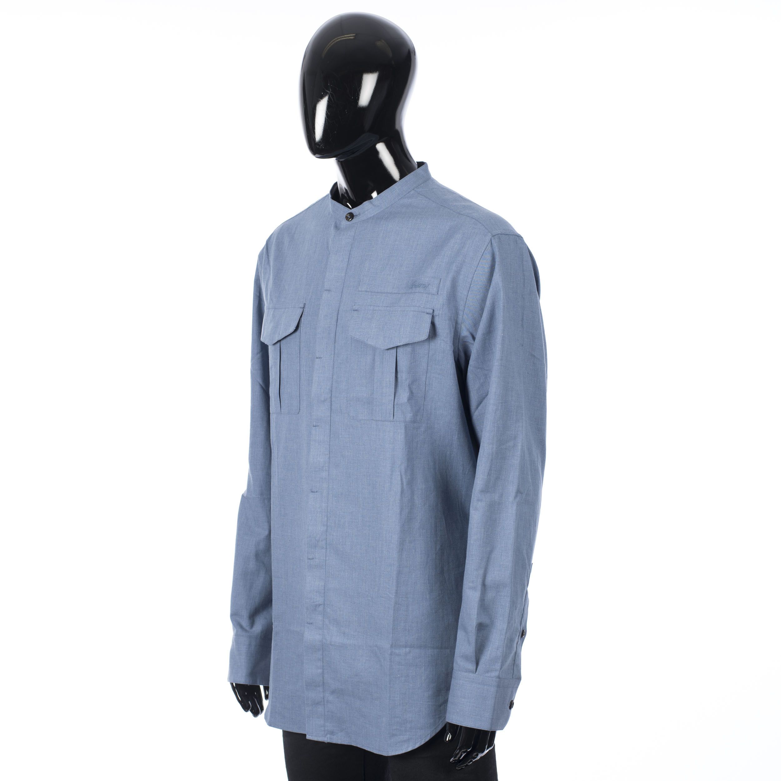 Brioni Mandarin Collar Shirt In Blue Cotton Size US XS / EU 42 / 0 - 2 Thumbnail